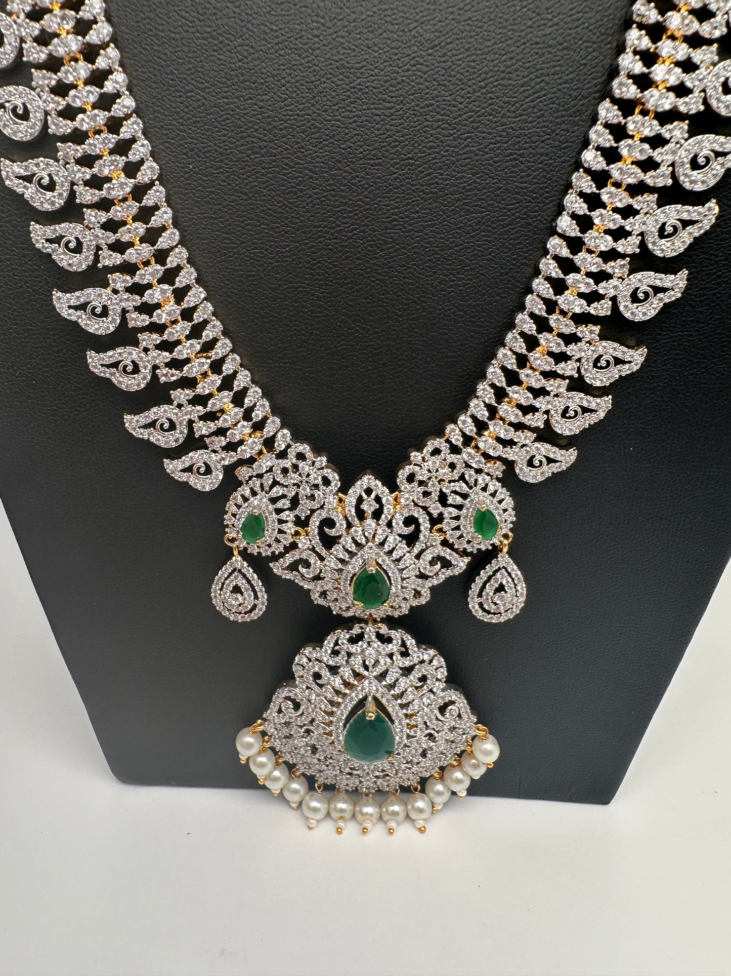 AD Diamond Finish Color Stone Mango Design Long Necklace