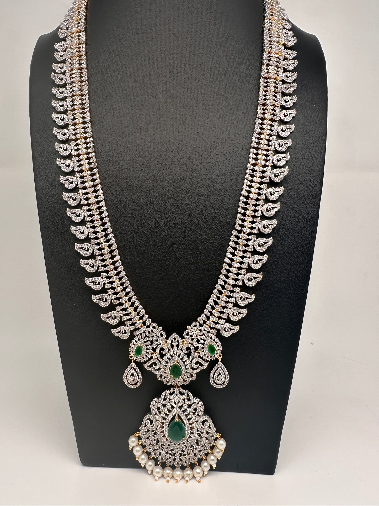 AD Diamond Finish Color Stone Mango Design Long Necklace
