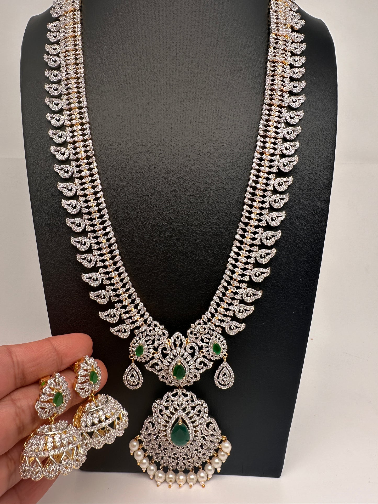 AD Diamond Finish Color Stone Mango Design Long Necklace