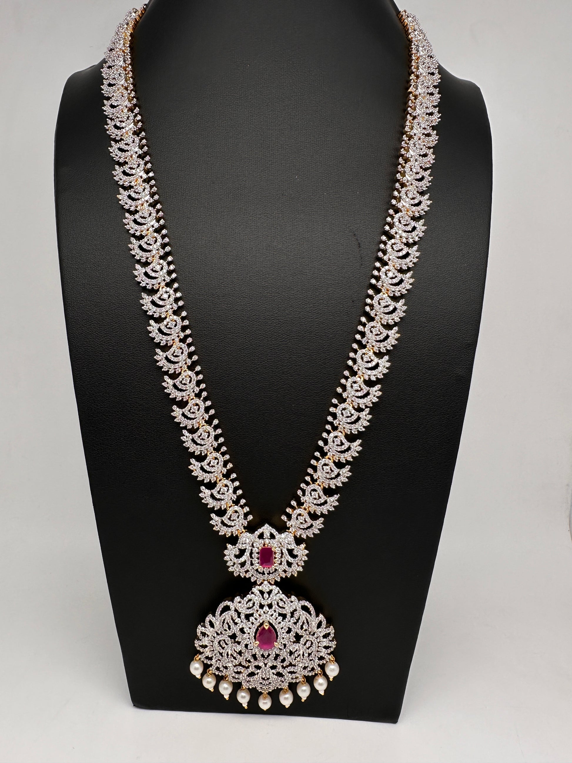 AD Diamond Finish Color Stone Long Necklace - Red
