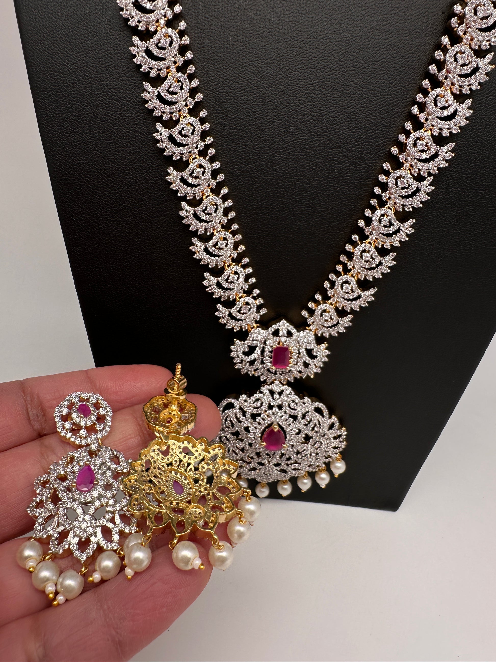 AD Diamond Finish Color Stone Long Necklace - Red