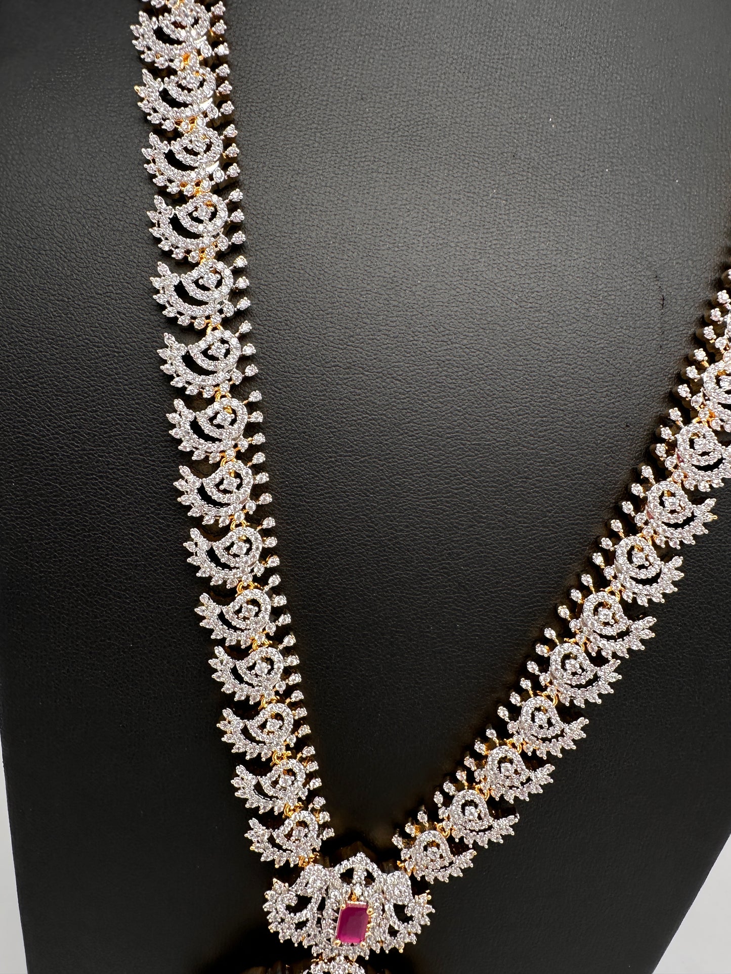 AD Diamond Finish Color Stone Long Necklace - Red