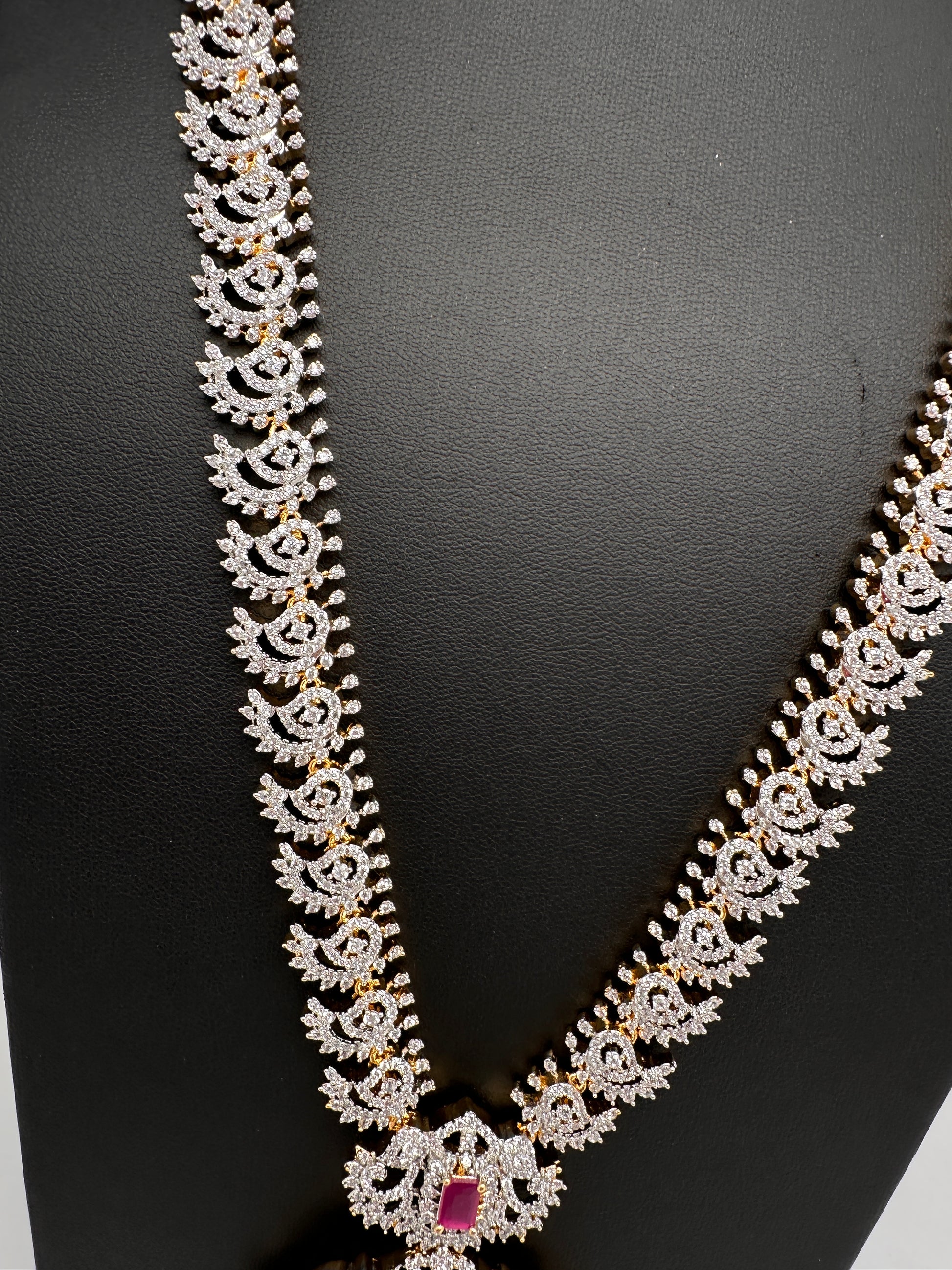 AD Diamond Finish Color Stone Long Necklace - Red