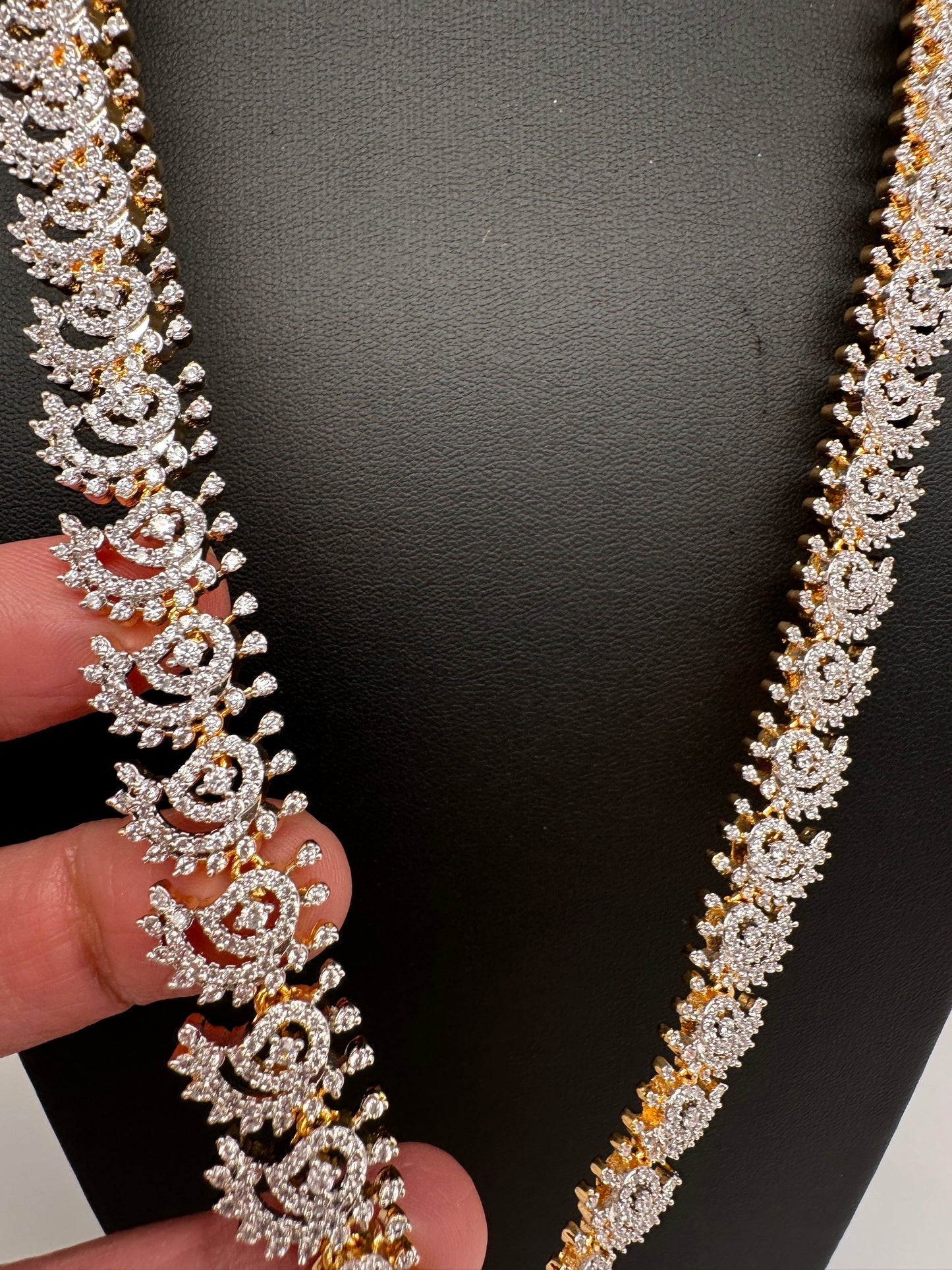 AD Diamond Finish Color Stone Long Necklace - Red