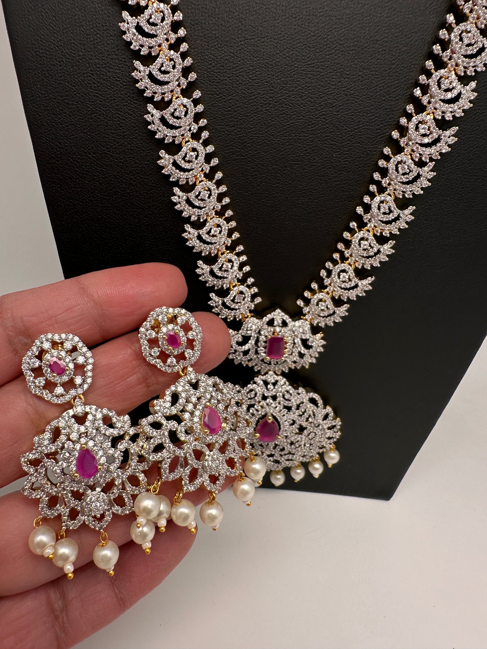 AD Diamond Finish Color Stone Long Necklace - Red