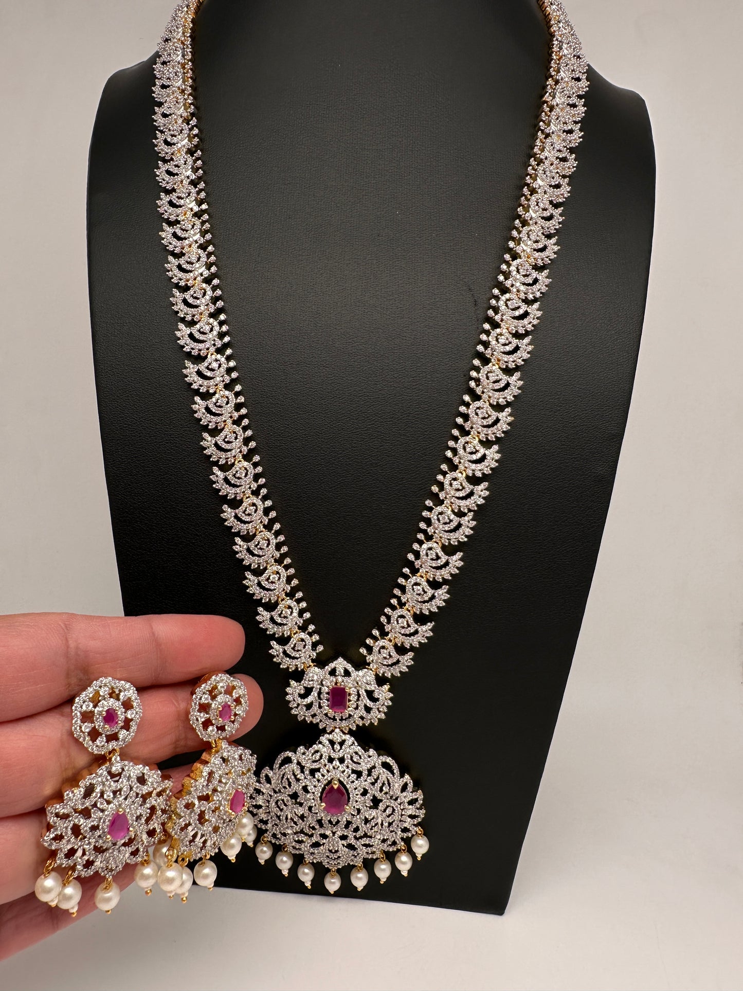 AD Diamond Finish Color Stone Long Necklace - Red