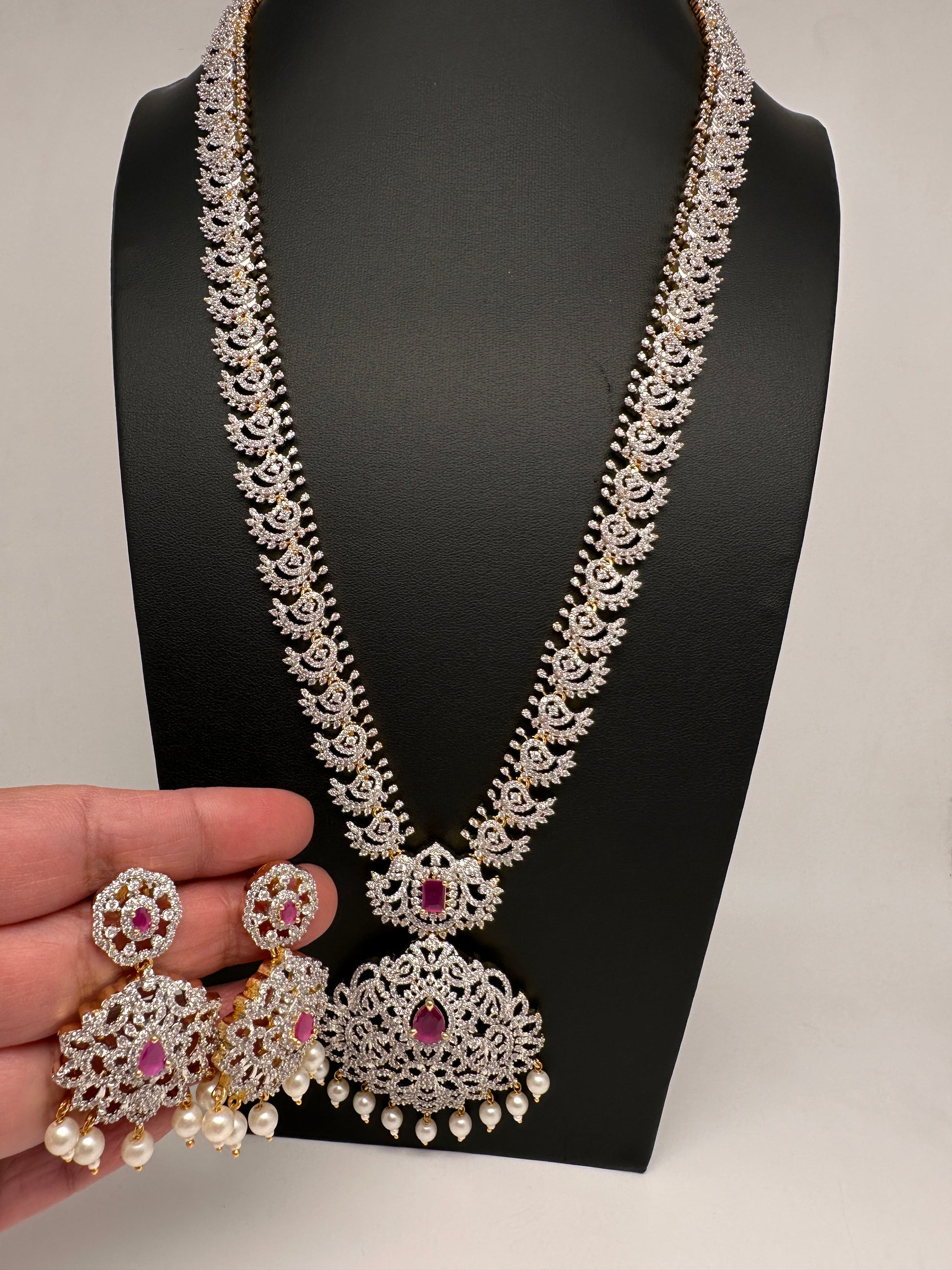 AD Diamond Finish Color Stone Long Necklace - Red
