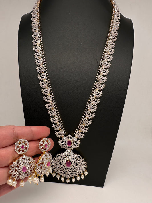AD Diamond Finish Color Stone Long Necklace - Red