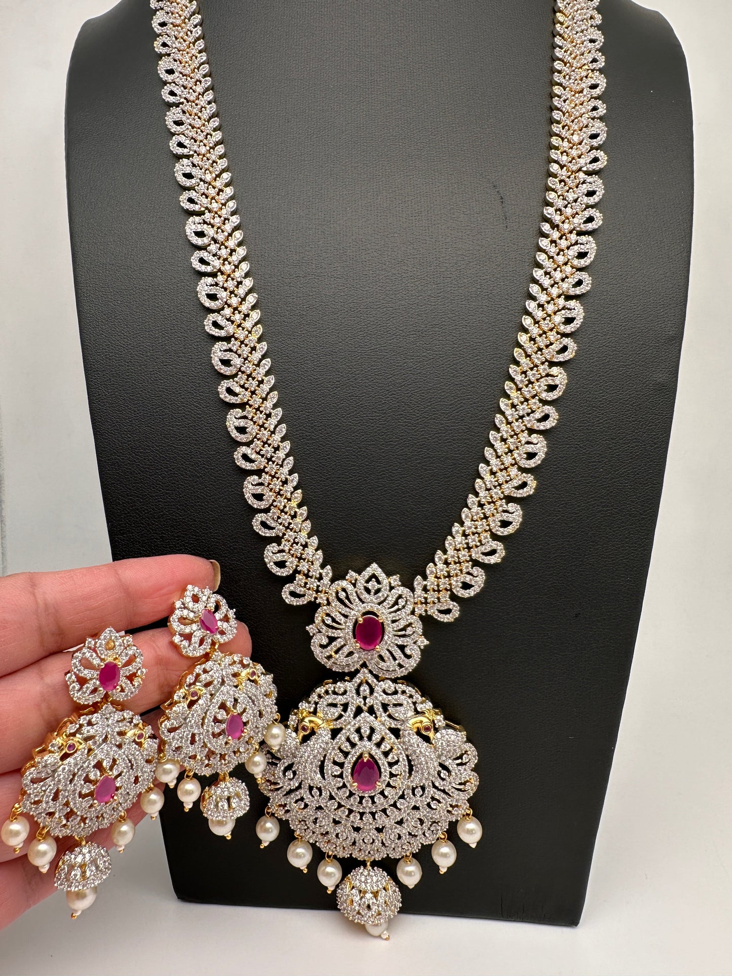 AD Diamond Finish Color Stone Peacock Design Long Necklace - Red