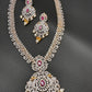 AD Diamond Finish Color Stone Peacock Design Long Necklace - Red