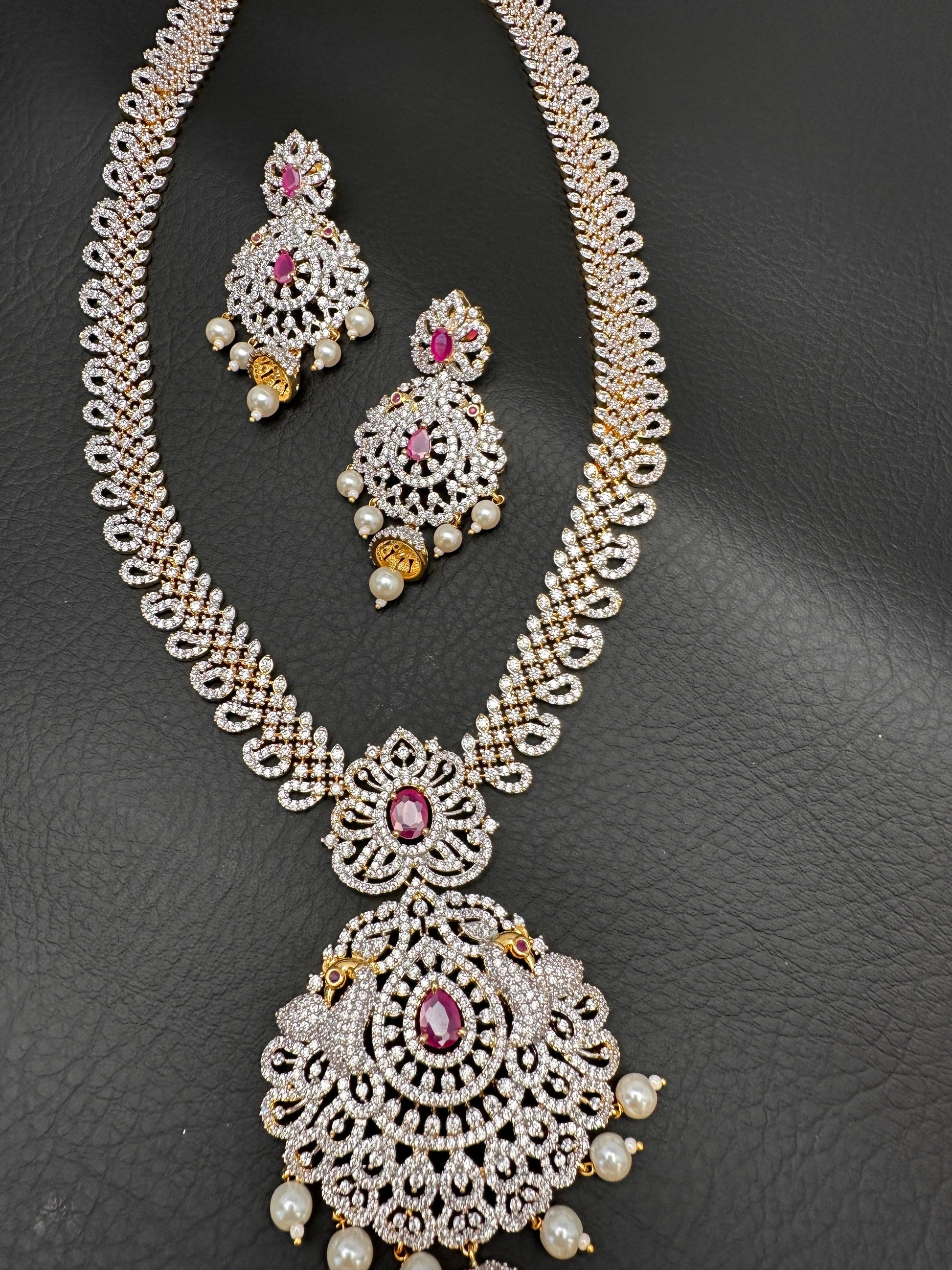 AD Diamond Finish Color Stone Peacock Design Long Necklace - Red