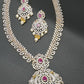 AD Diamond Finish Color Stone Peacock Design Long Necklace - Red