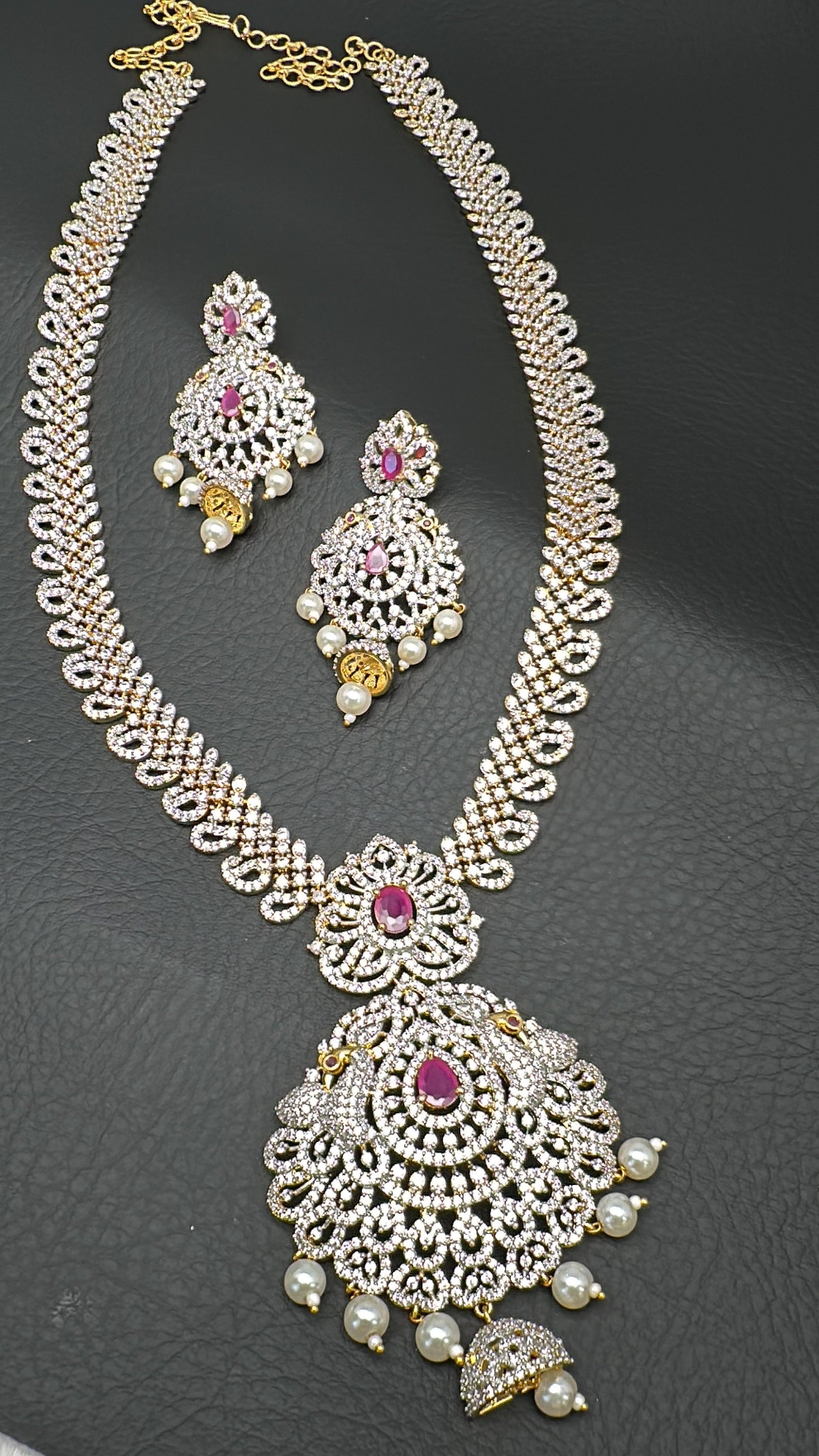 AD Diamond Finish Color Stone Peacock Design Long Necklace - Red