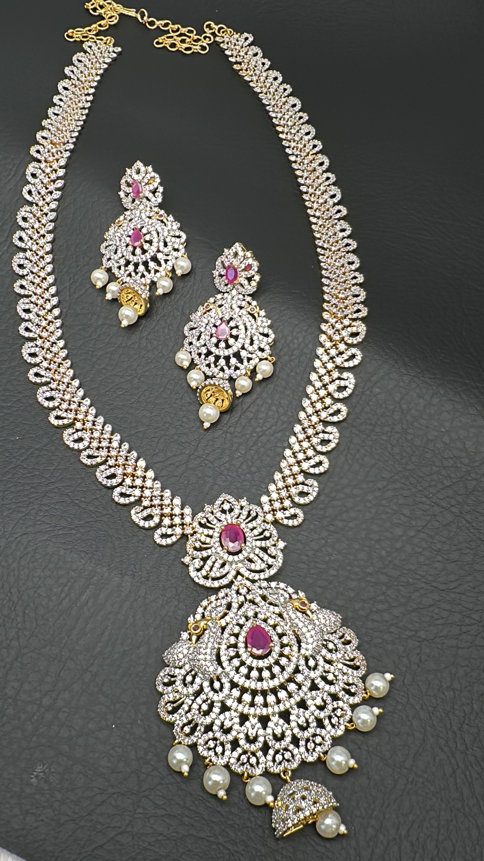 AD Diamond Finish Color Stone Peacock Design Long Necklace - Red