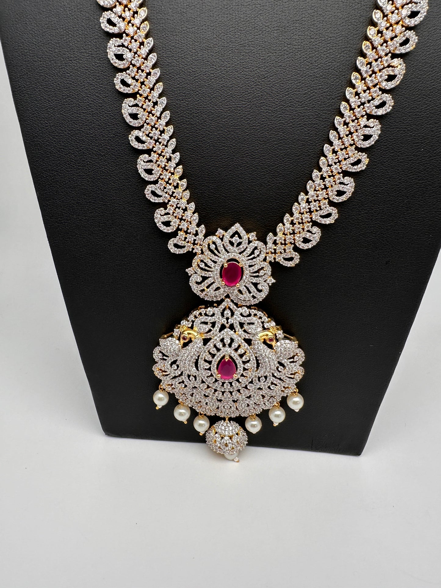 AD Diamond Finish Color Stone Peacock Design Long Necklace - Red