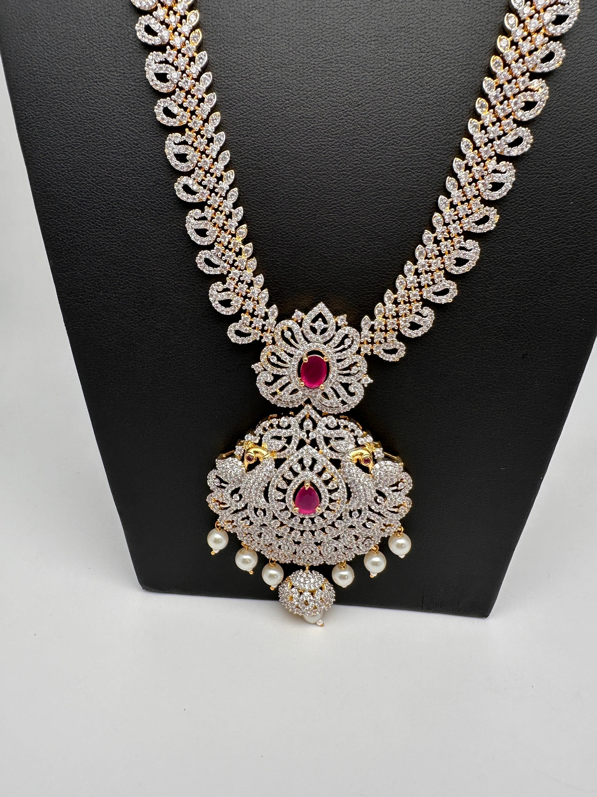 AD Diamond Finish Color Stone Peacock Design Long Necklace - Red