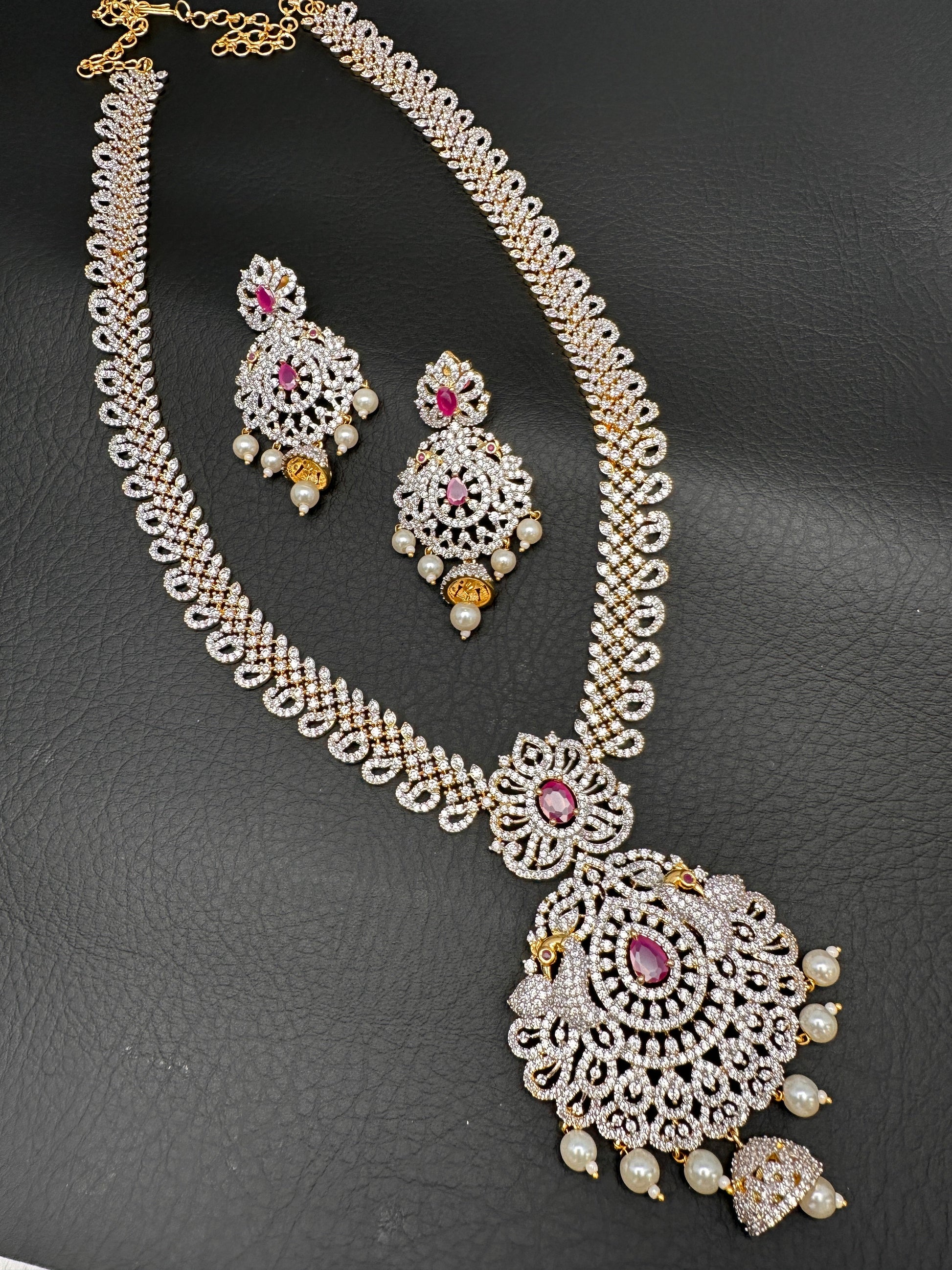 AD Diamond Finish Color Stone Peacock Design Long Necklace - Red