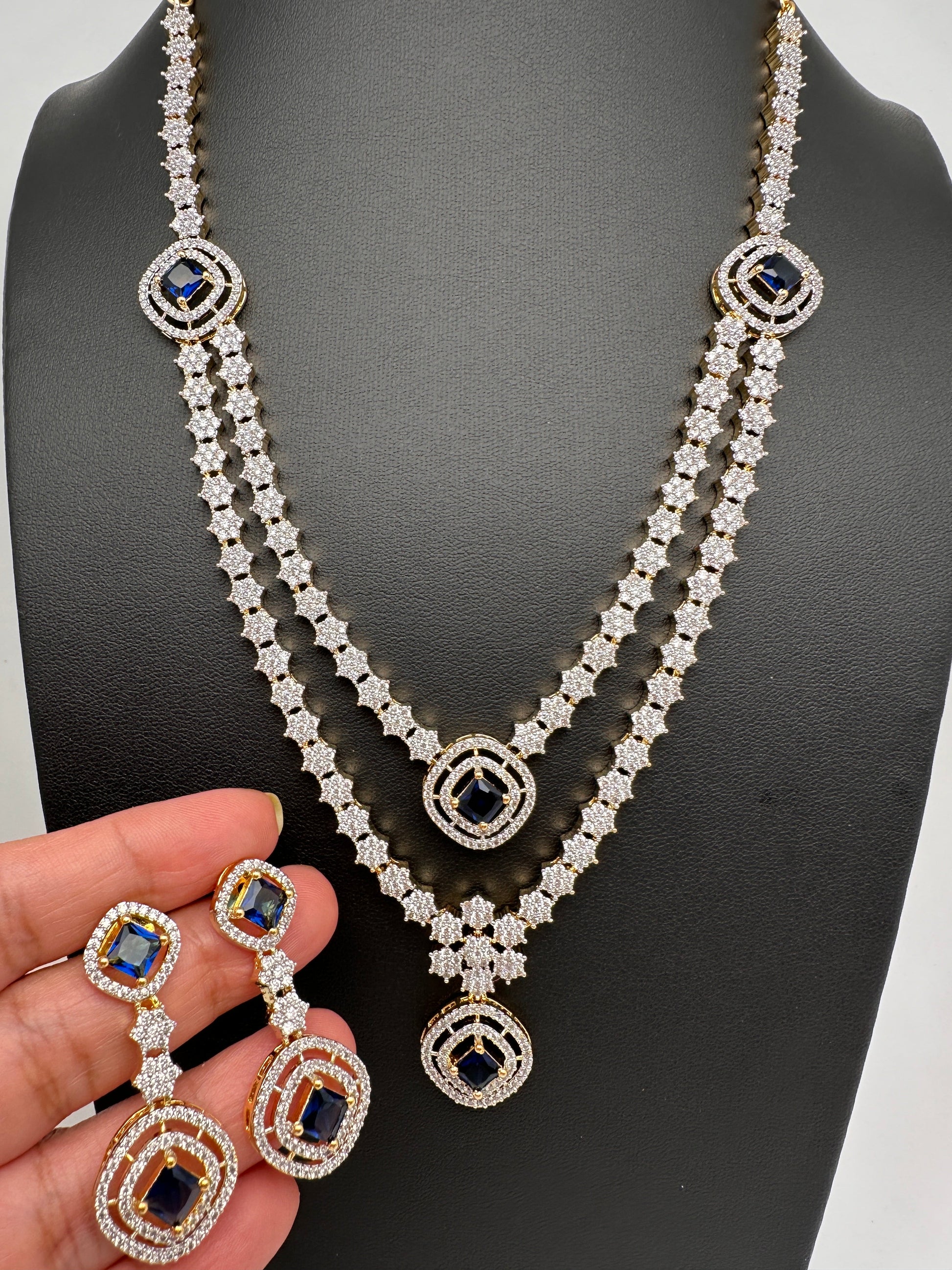 AD Color Stone double layer Short Necklace - Blue