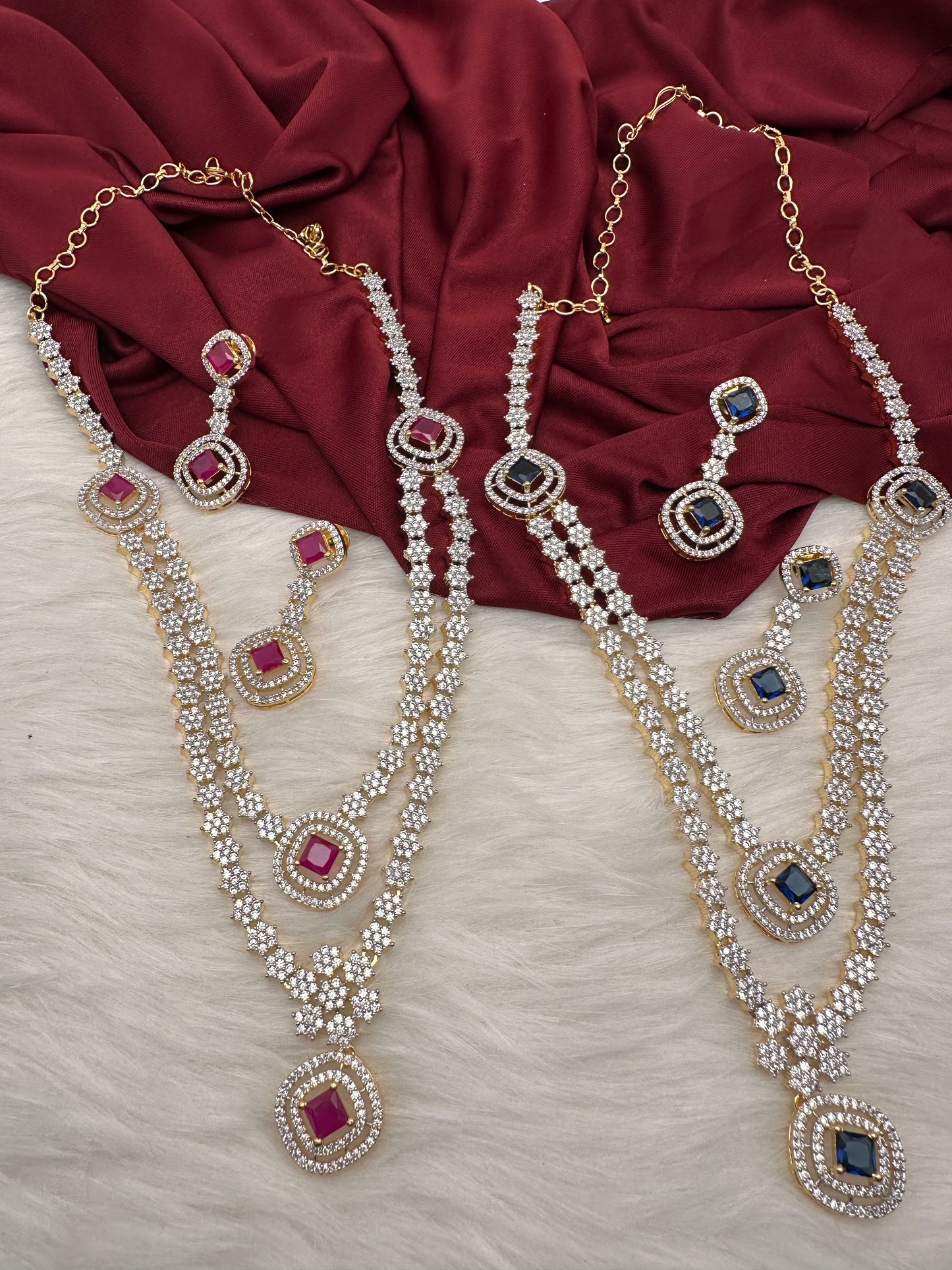 AD Color Stone double layer Short Necklace - Red
