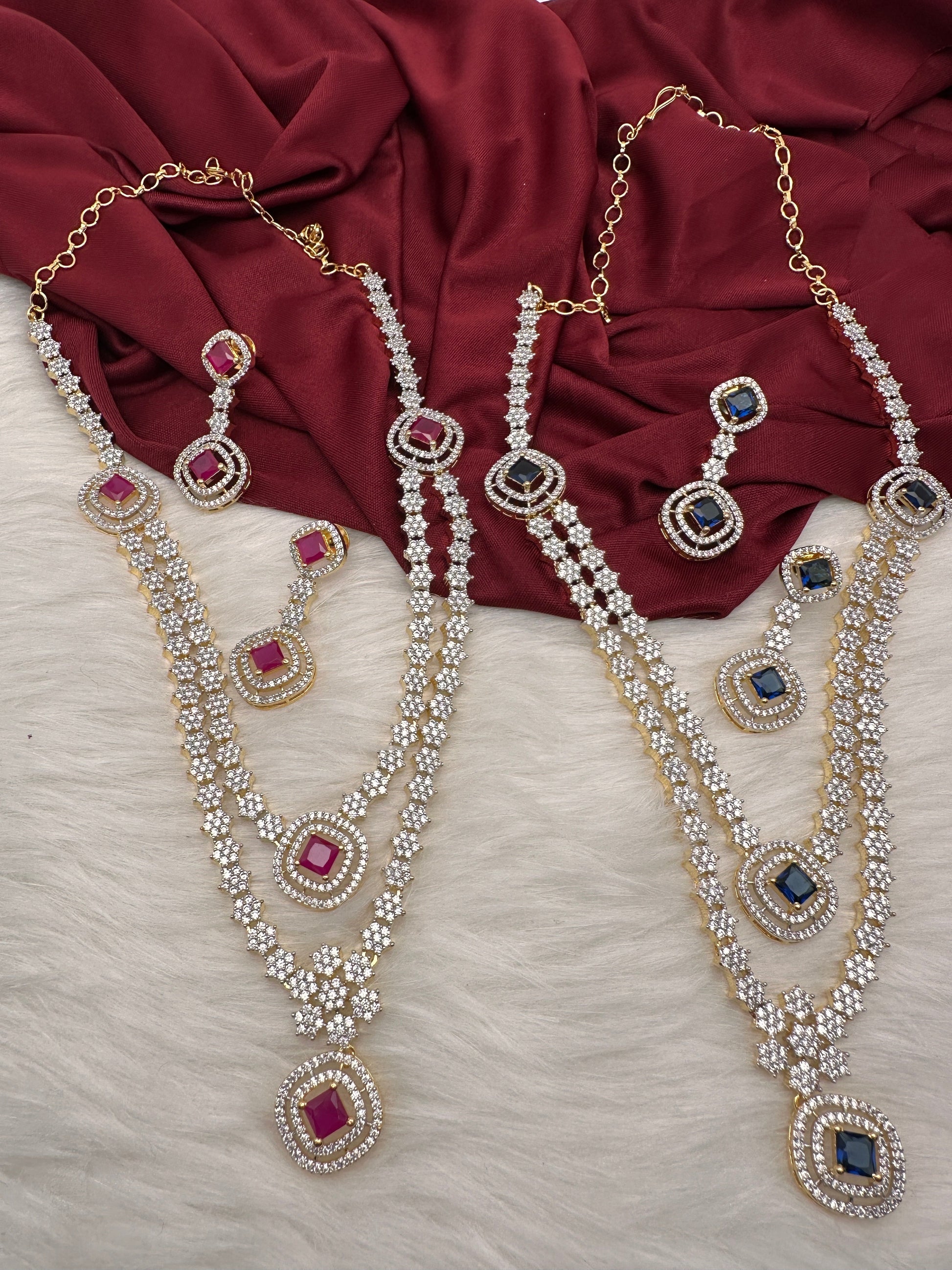 AD Color Stone double layer Short Necklace - Red