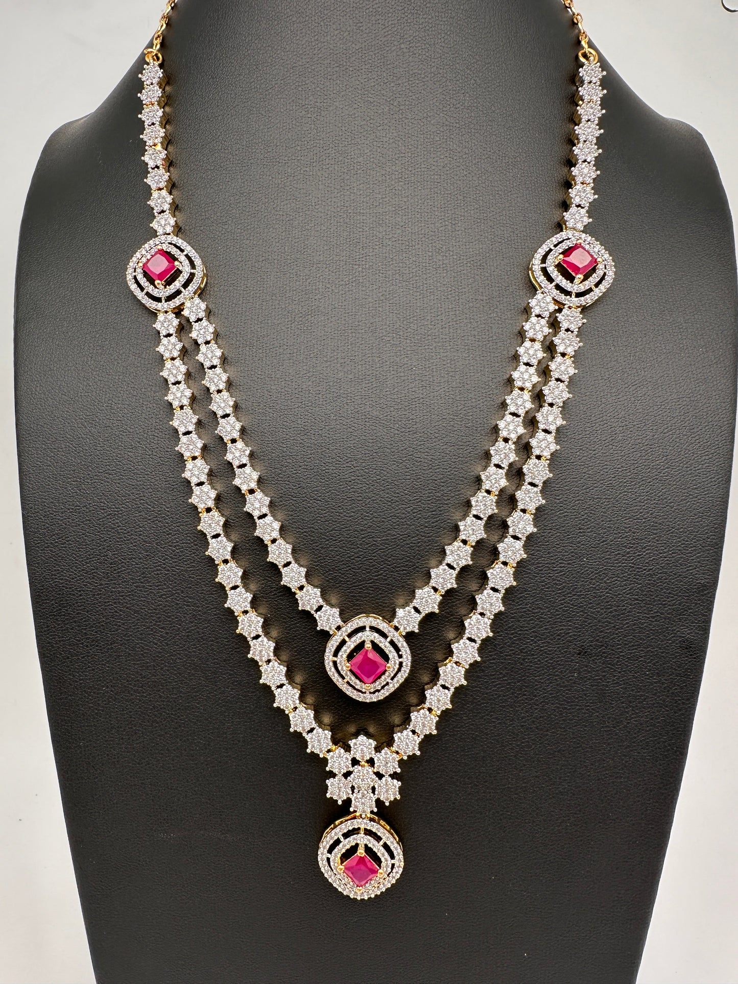 AD Color Stone double layer Short Necklace - Red