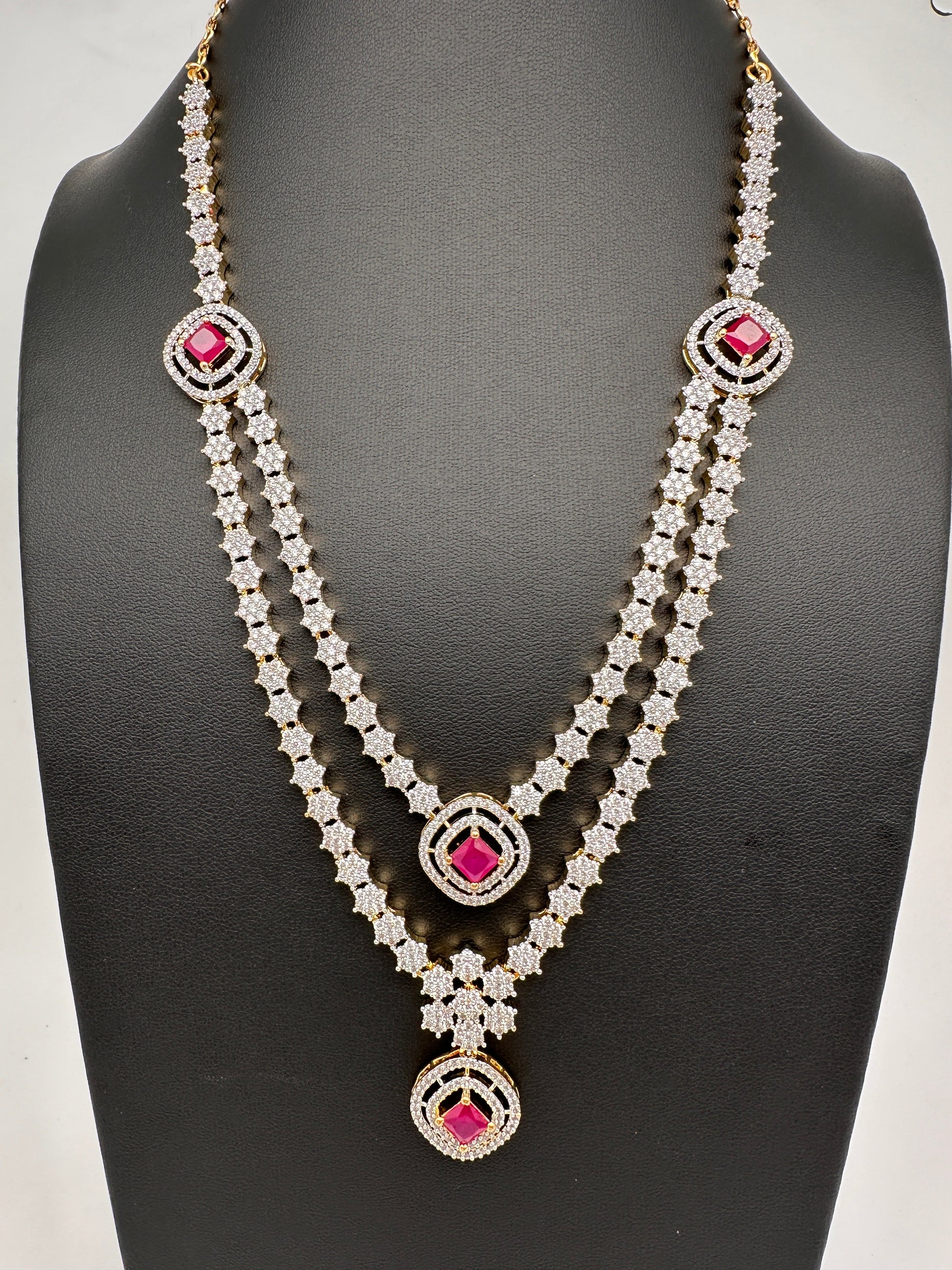 AD Color Stone double layer Short Necklace - Red