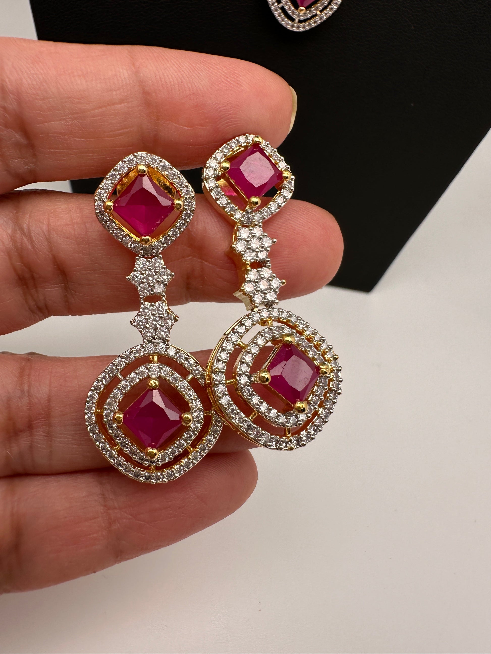 AD Color Stone double layer Short Necklace - Red