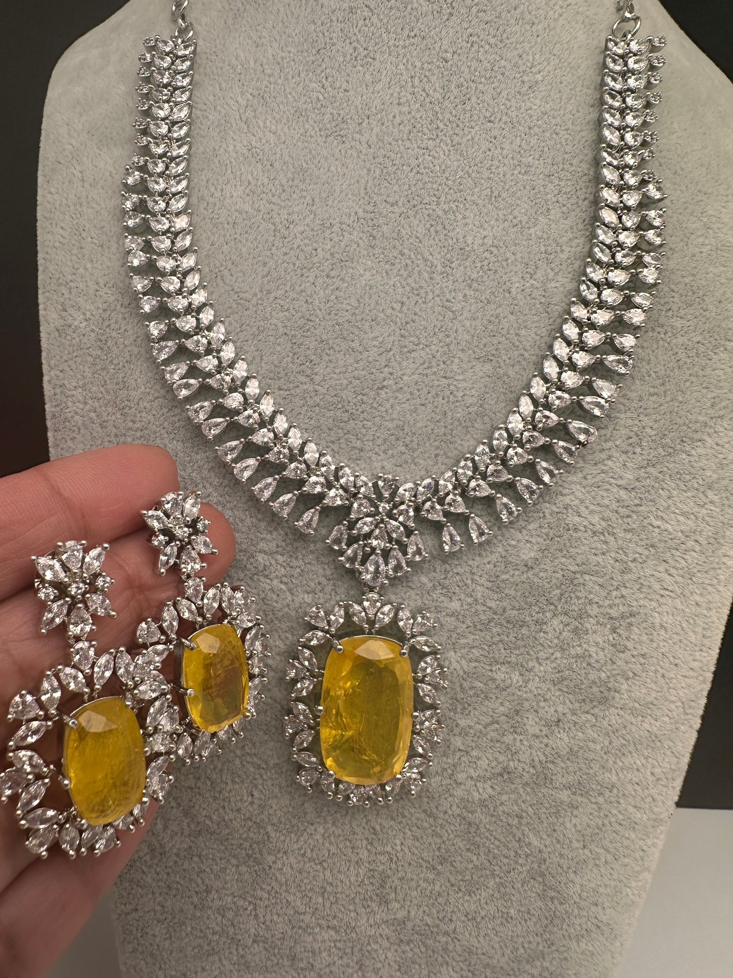 Silver Finish Yellow Doublet AD Short Necklace