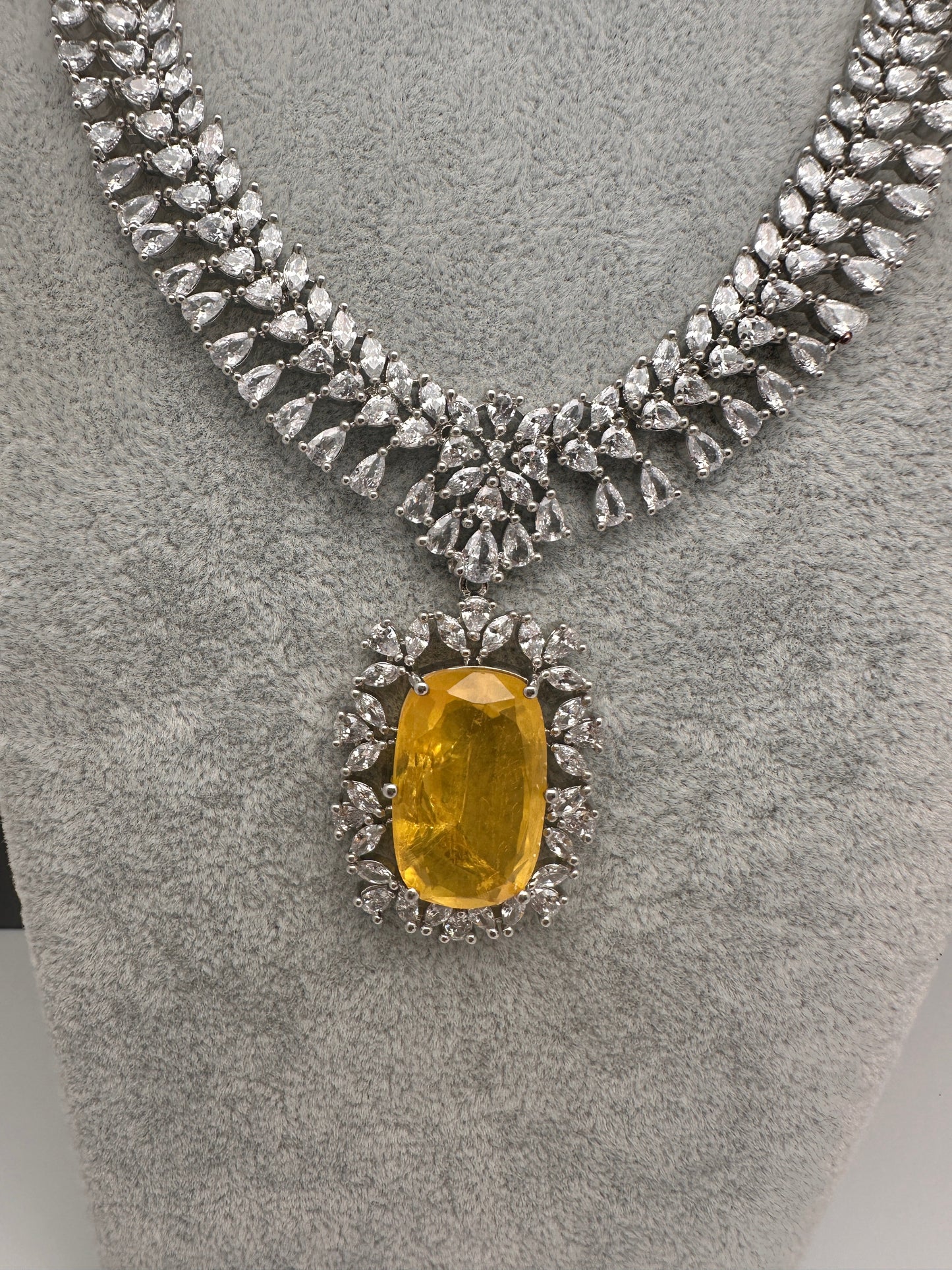 Silver Finish Yellow Doublet AD Short Necklace