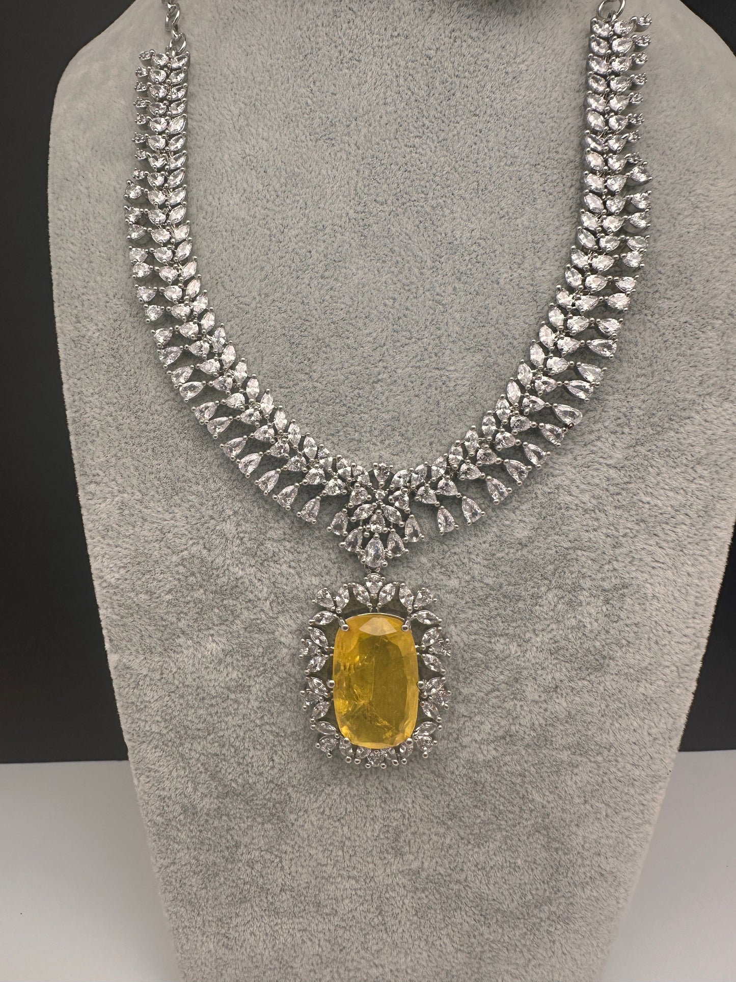 Silver Finish Yellow Doublet AD Short Necklace