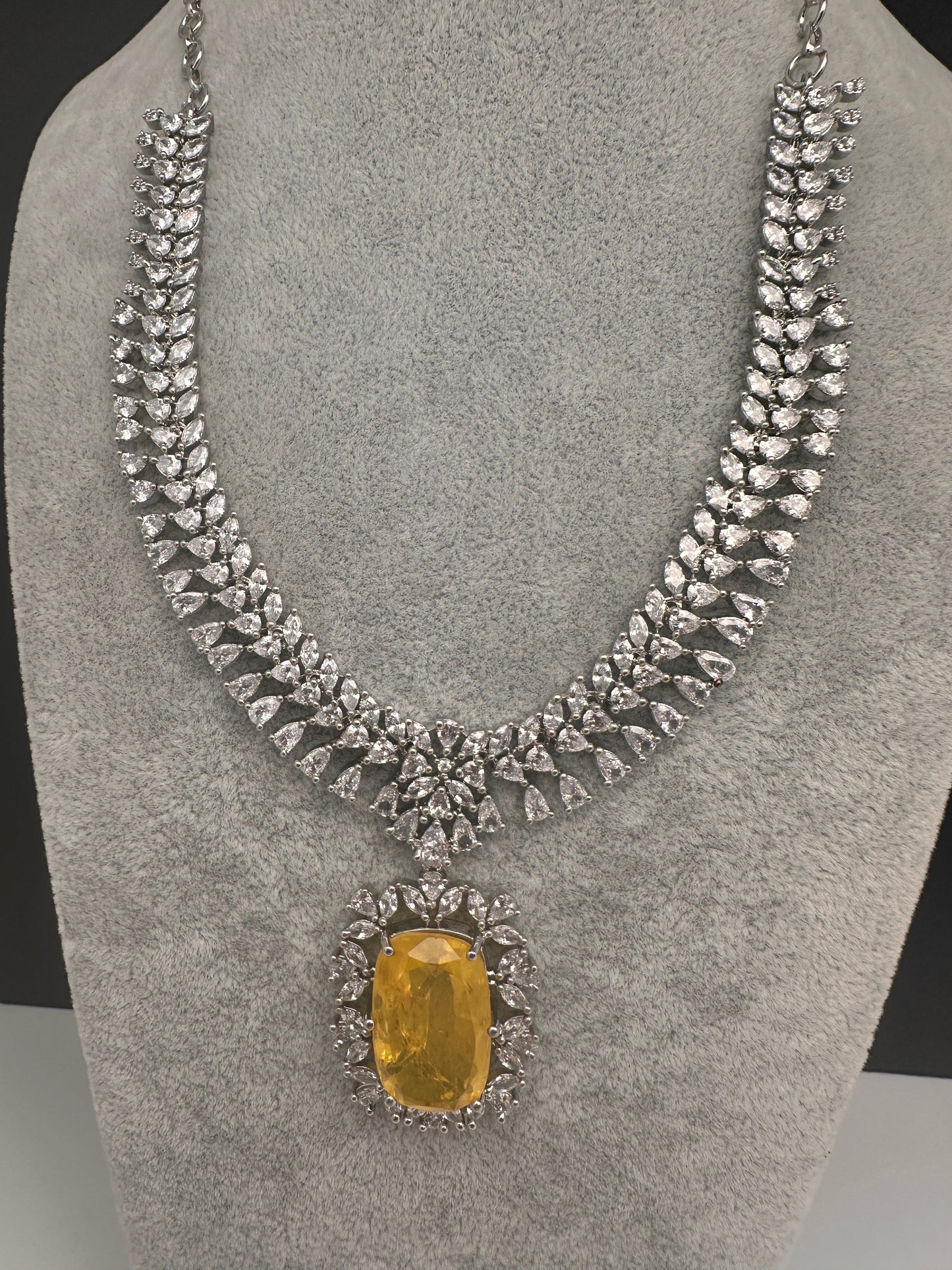 Silver Finish Yellow Doublet AD Short Necklace