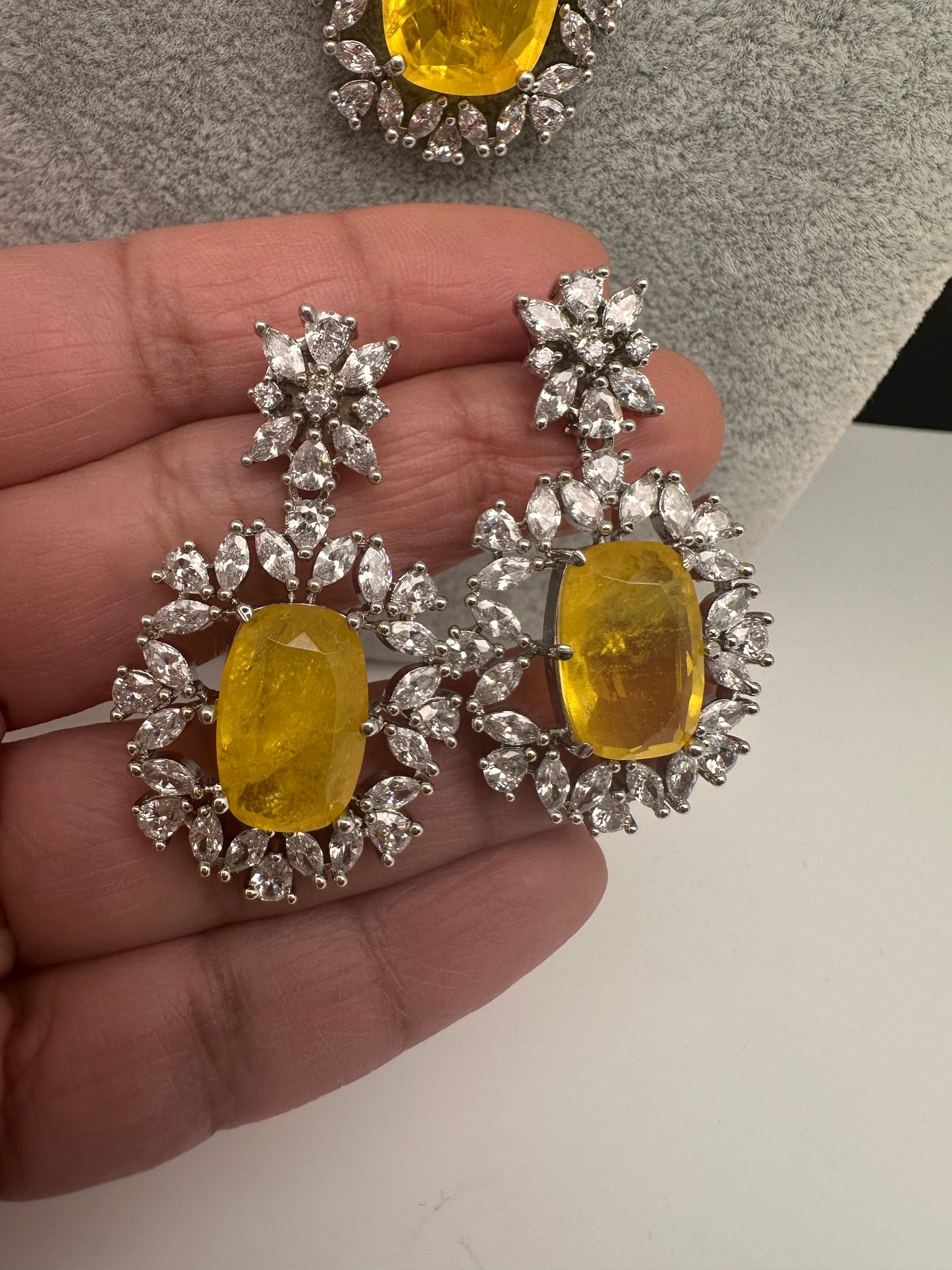 Silver Finish Yellow Doublet AD Short Necklace