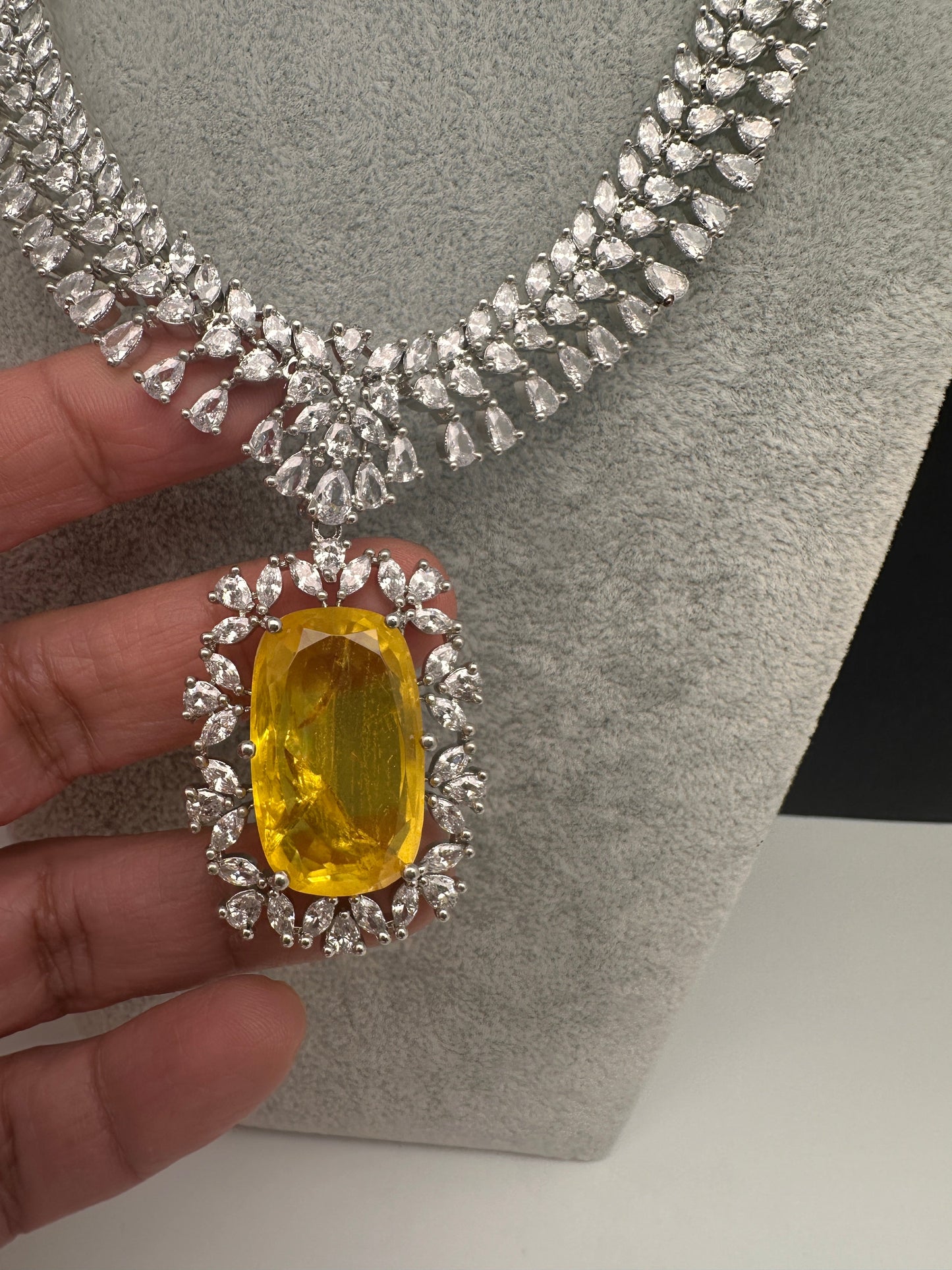 Silver Finish Yellow Doublet AD Short Necklace