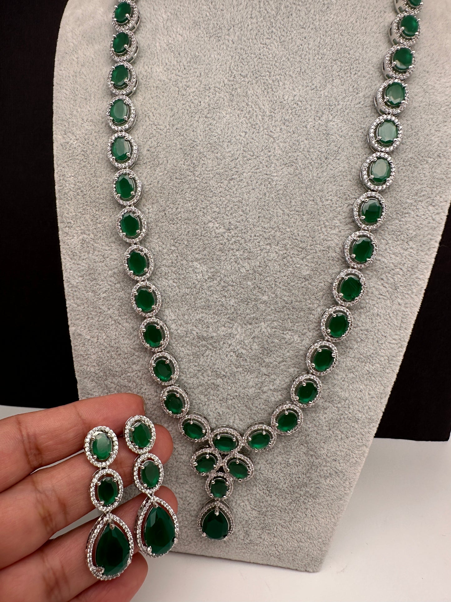 CZ Emerald Green Long Necklace in Silver Finish