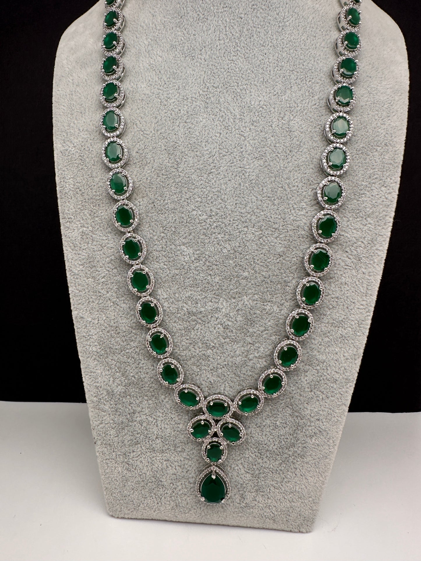 CZ Emerald Green Long Necklace in Silver Finish
