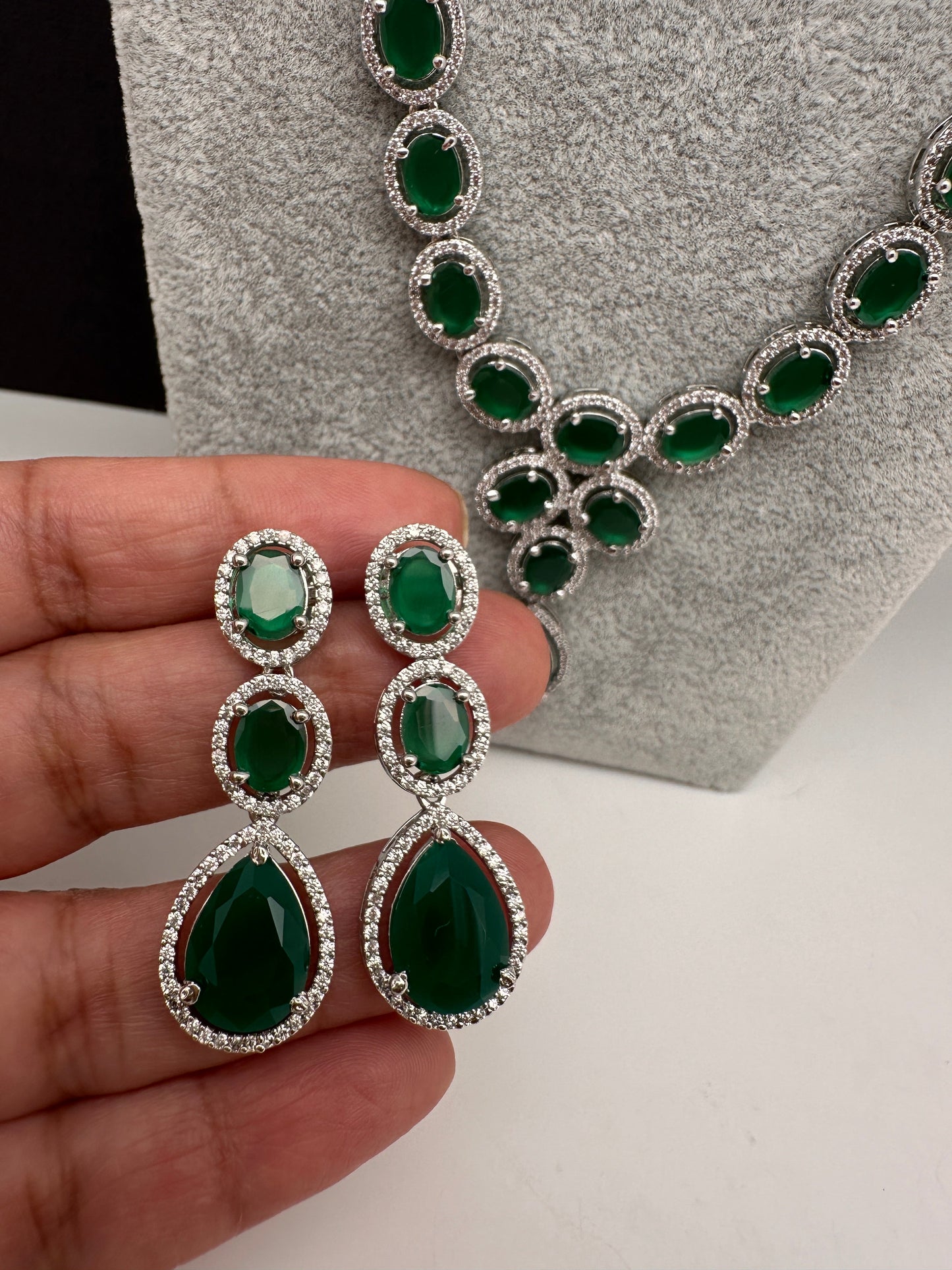 CZ Emerald Green Long Necklace in Silver Finish