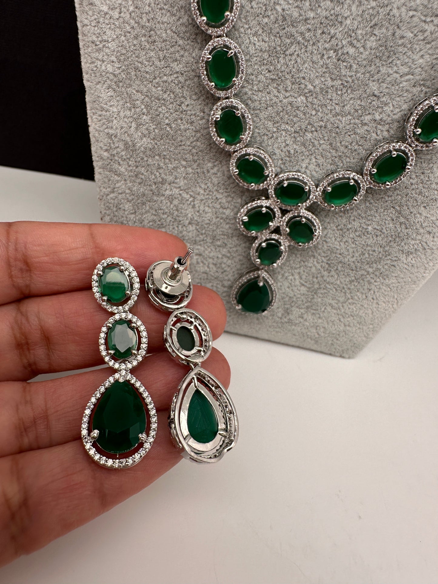 CZ Emerald Green Long Necklace in Silver Finish