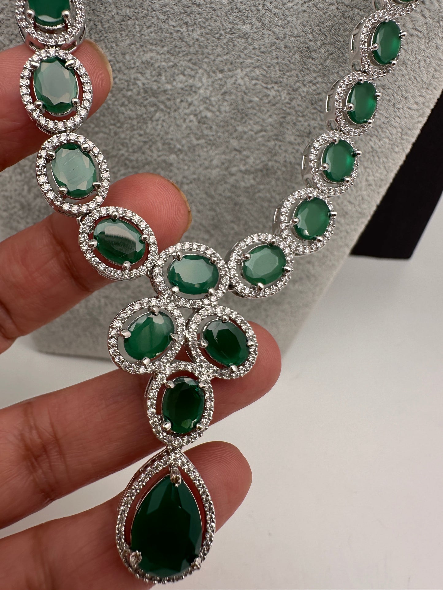 CZ Emerald Green Long Necklace in Silver Finish