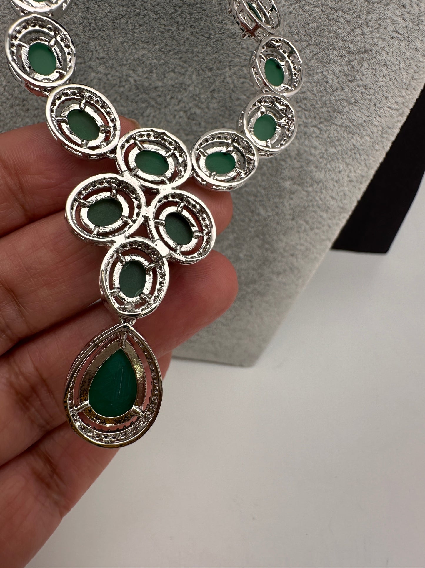 CZ Emerald Green Long Necklace in Silver Finish