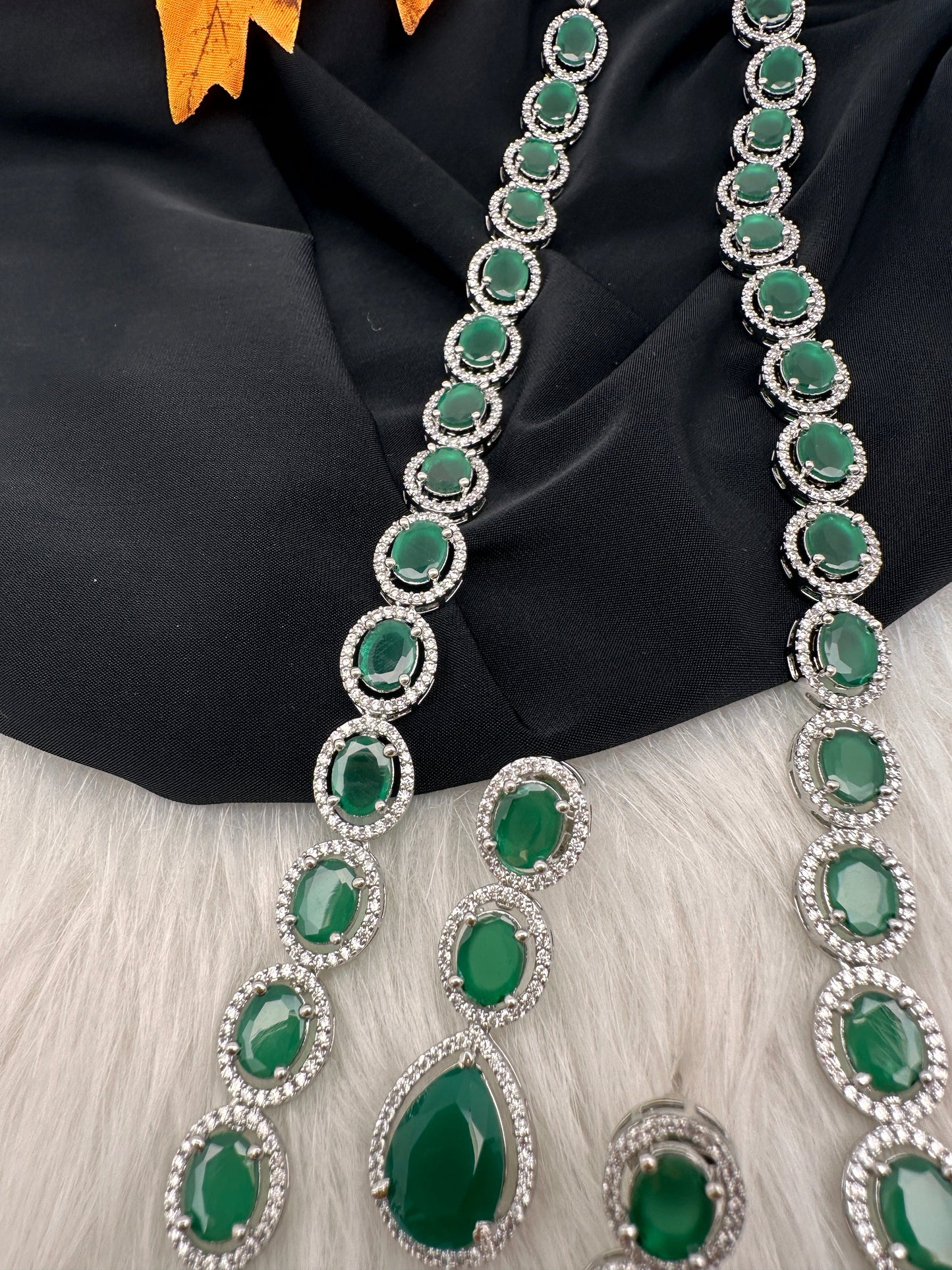CZ Emerald Green Long Necklace in Silver Finish