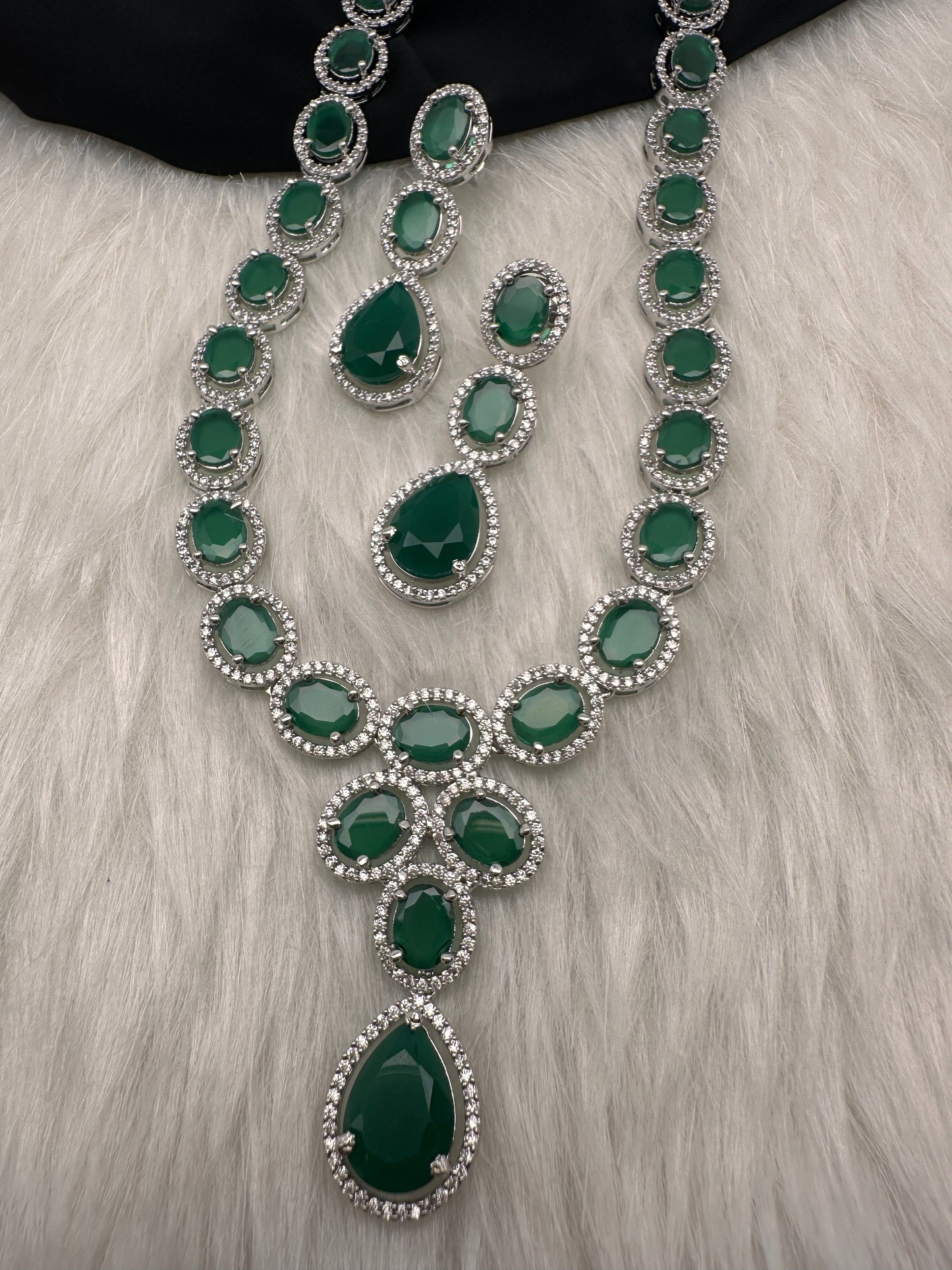 CZ Emerald Green Long Necklace in Silver Finish