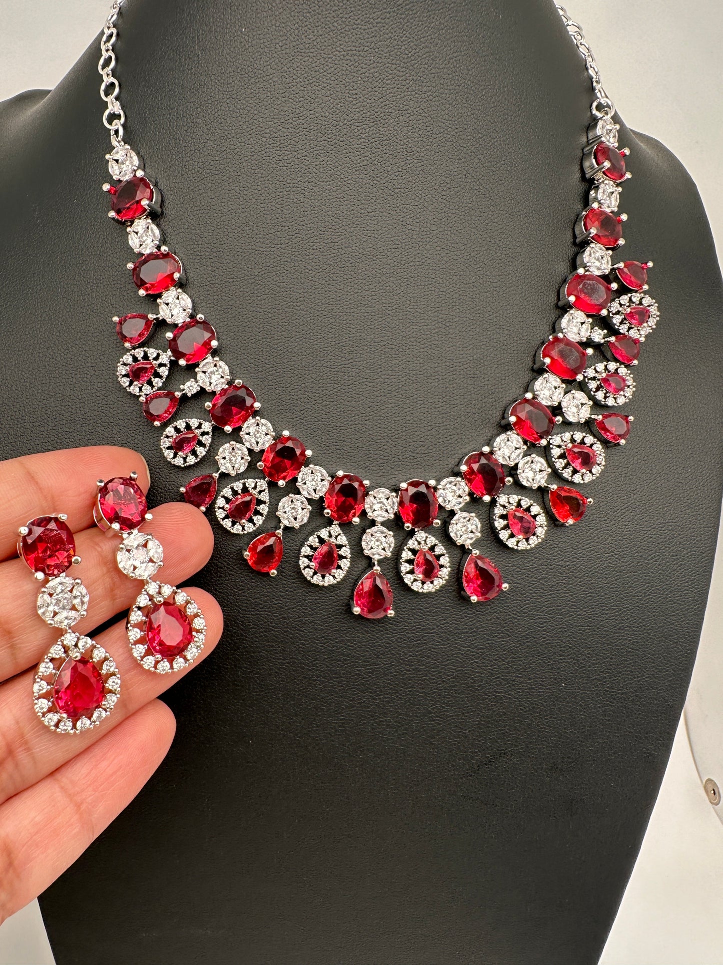 Cubic Zirconia Wine Red Short Necklace in Silver Finish