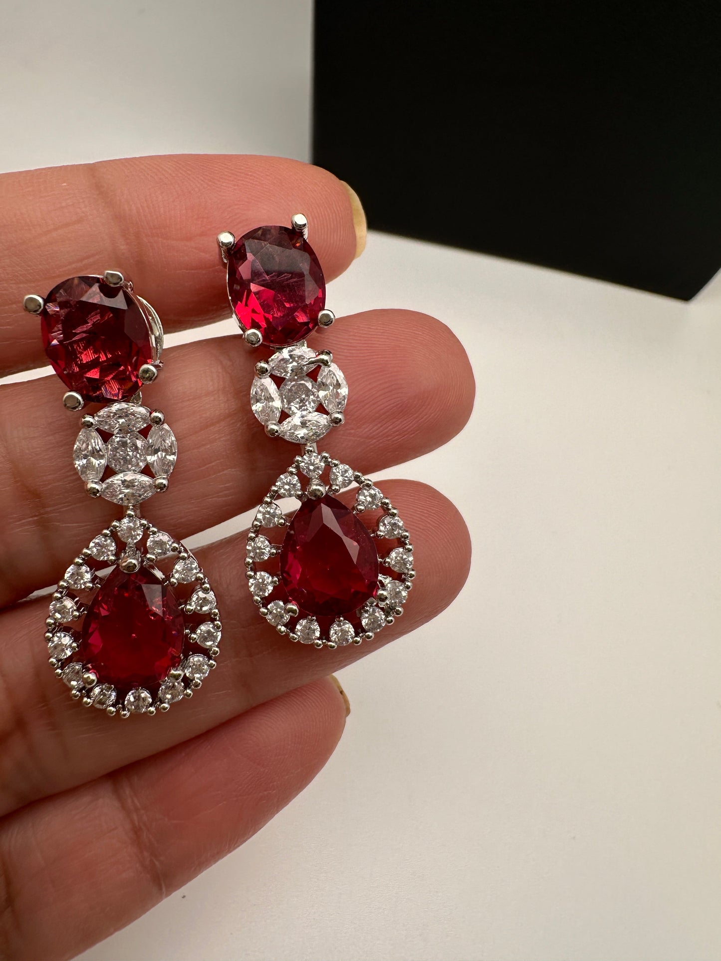 Cubic Zirconia Wine Red Short Necklace in Silver Finish