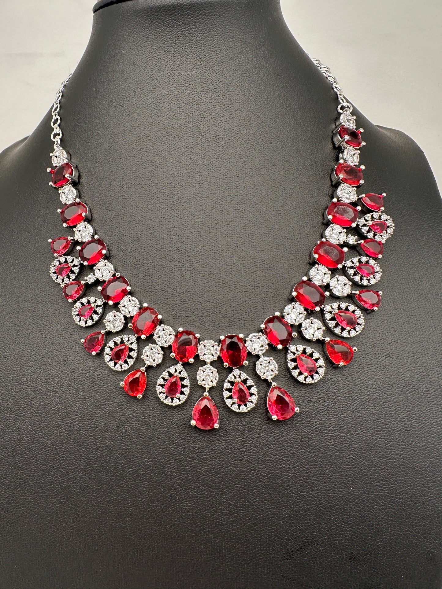 Cubic Zirconia Wine Red Short Necklace in Silver Finish