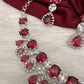 Cubic Zirconia Wine Red Short Necklace in Silver Finish