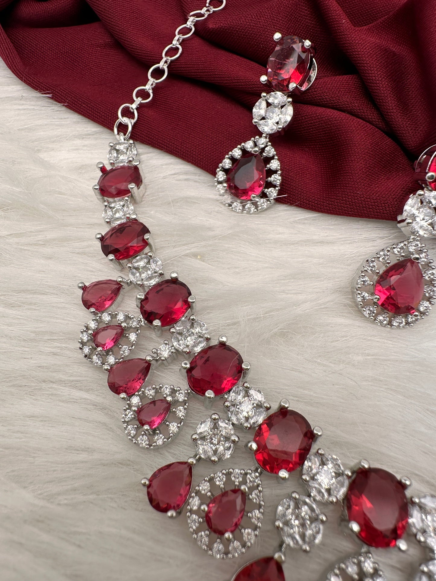 Cubic Zirconia Wine Red Short Necklace in Silver Finish