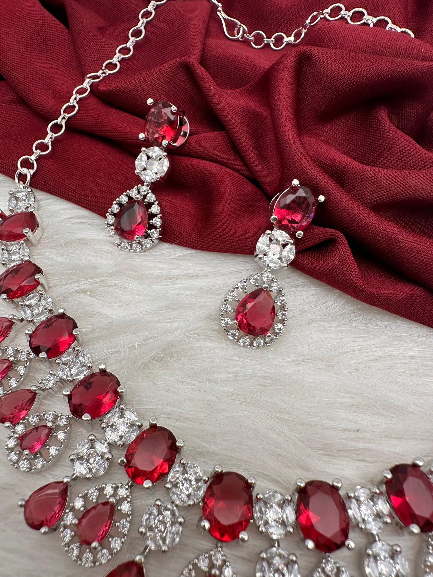 Cubic Zirconia Wine Red Short Necklace in Silver Finish