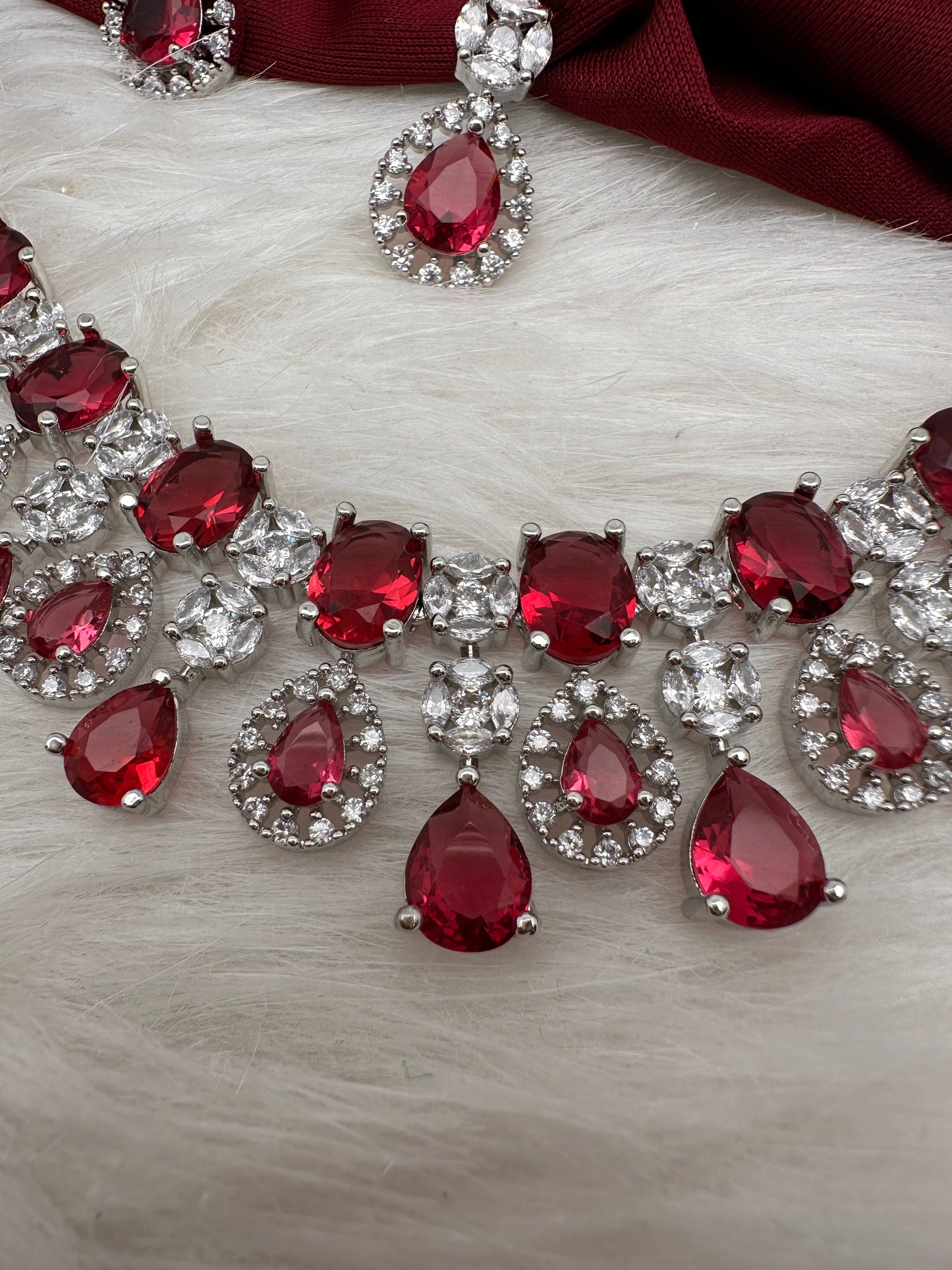 Cubic Zirconia Wine Red Short Necklace in Silver Finish