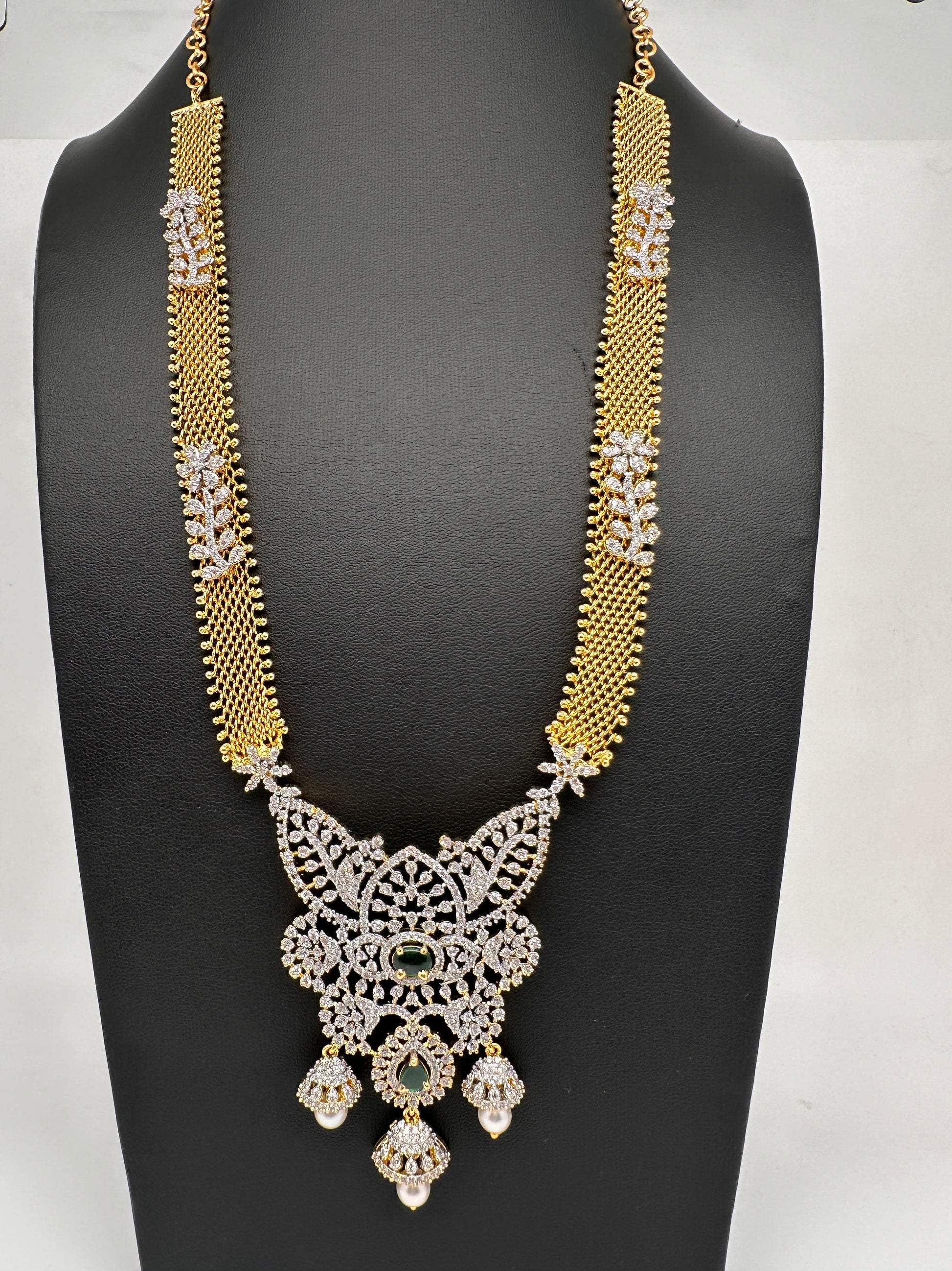 AD Golden Chain Color Stone Long Necklace - Green