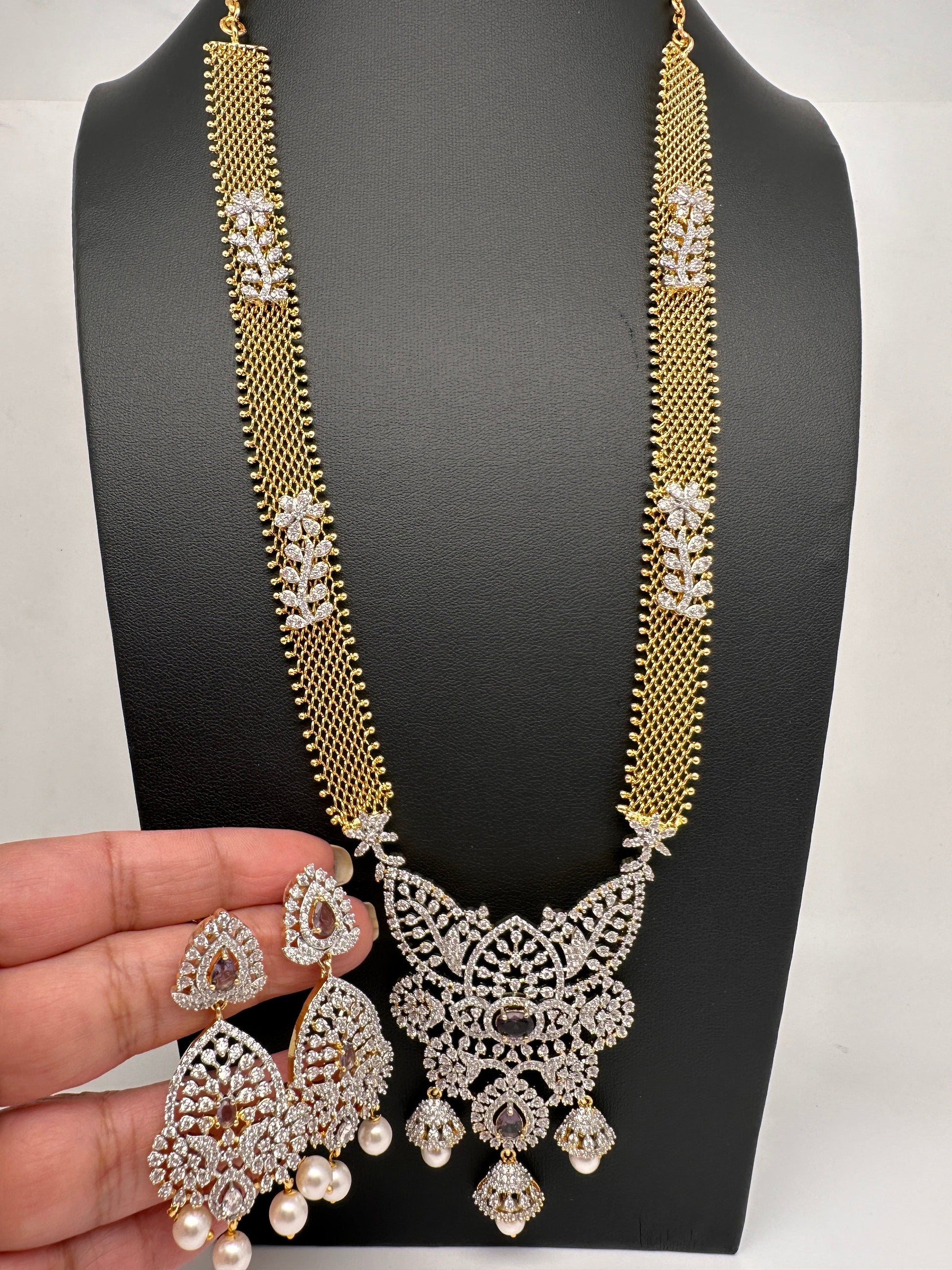 AD Golden Chain Color Stone Long Necklace - Purple